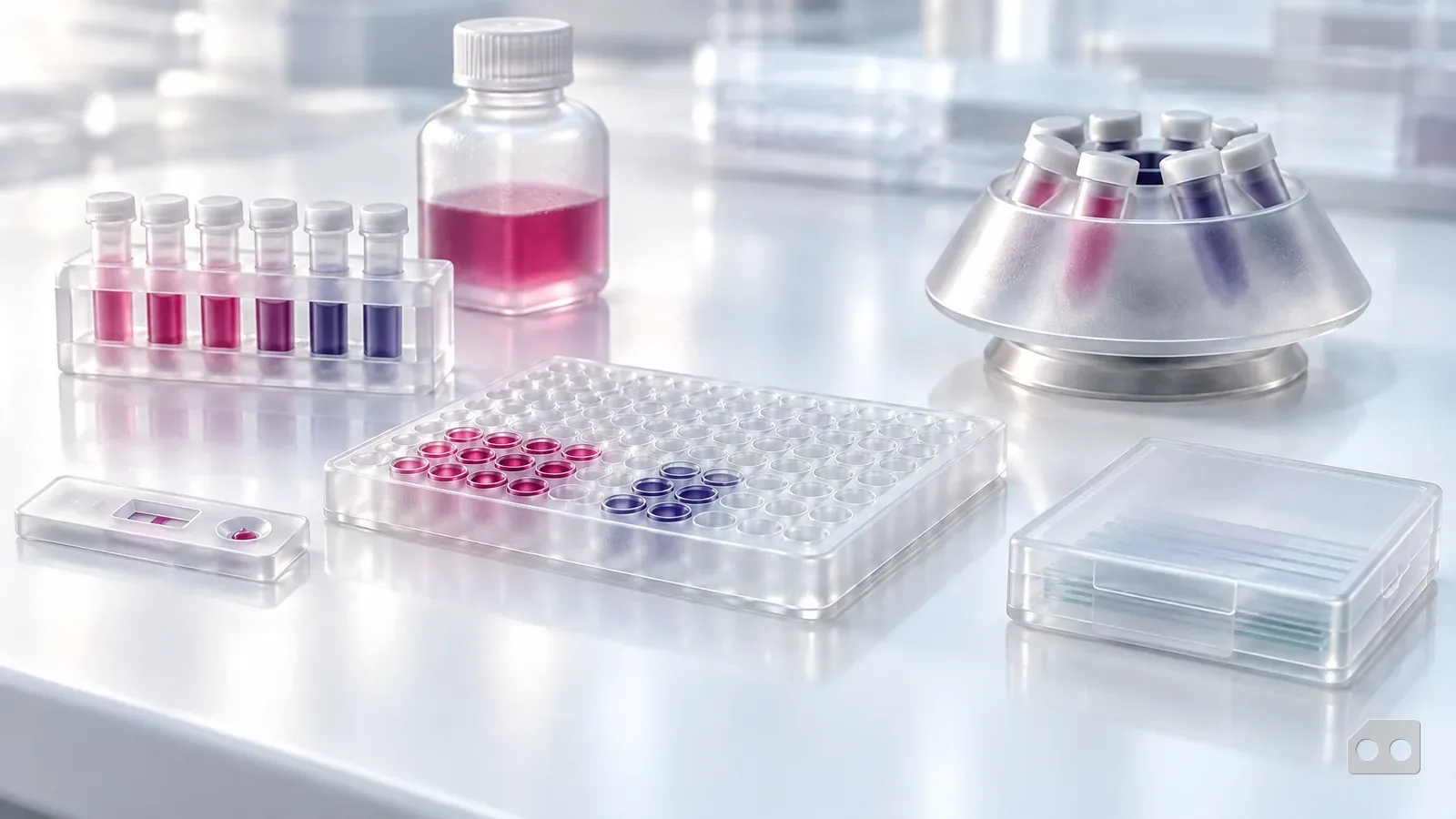 Frosted-glass render of a cassette, a tube rack, a well plate and a slide box in a row