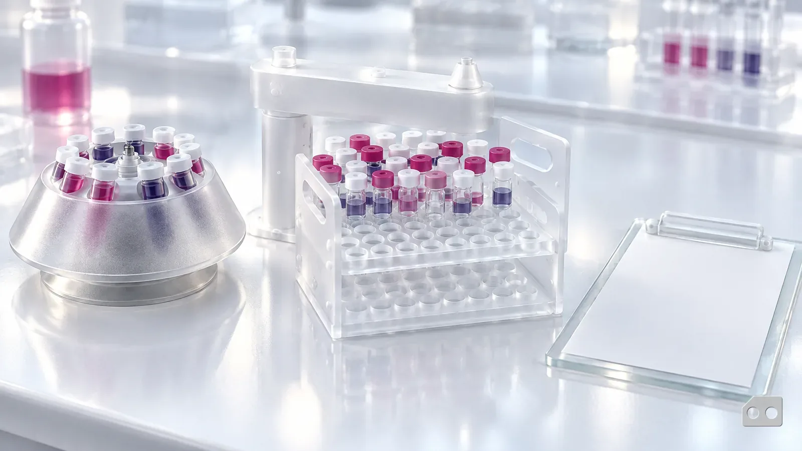 Frosted-glass render of a centrifuge rotor, a sample tray and a blank requisition clipboard