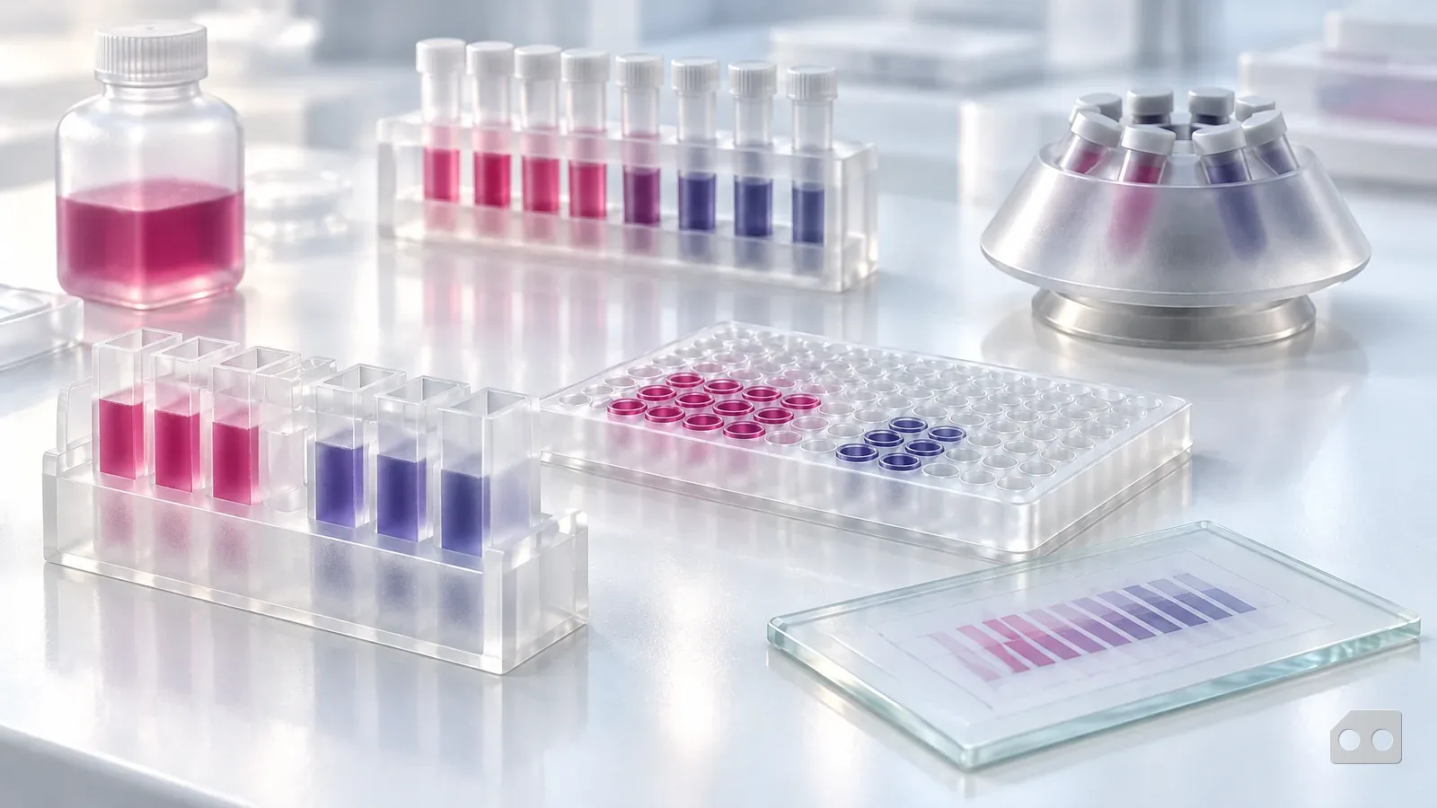 Frosted-glass render of control vials, a control chart under glass and a block of cuvettes