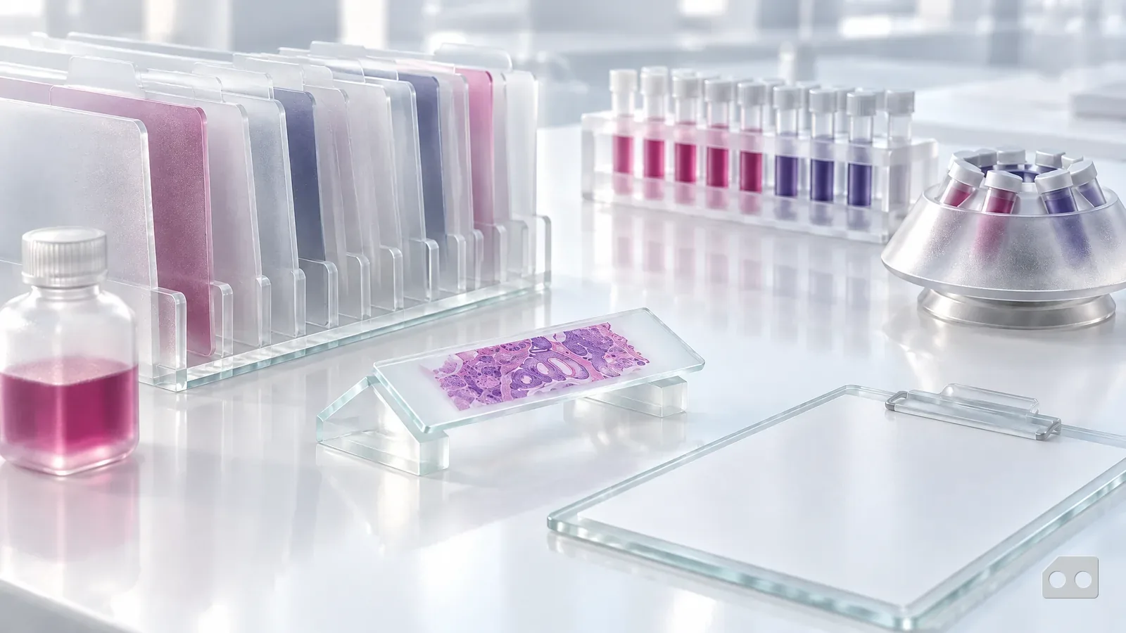 Frosted-glass render of folders in a rack, a slide on a stand and a blank clipboard