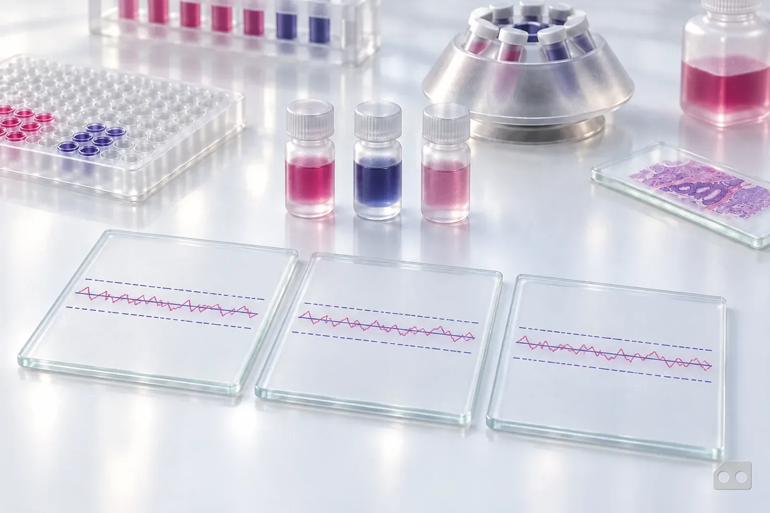 Frosted-glass render of three control charts side by side under glass with control vials above