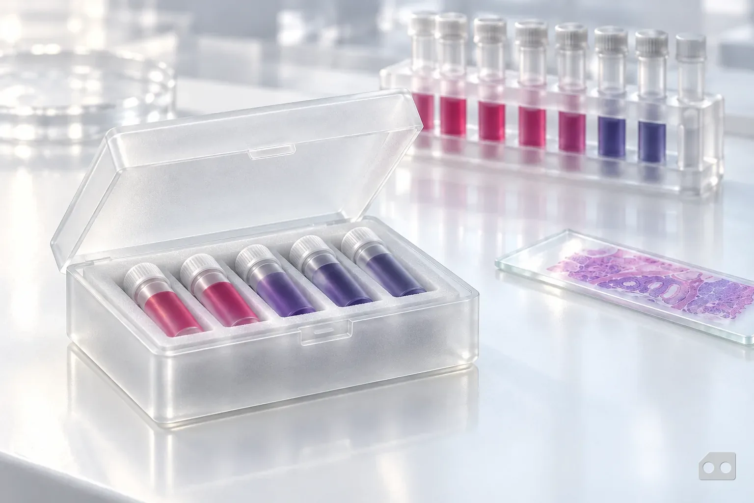 Frosted-glass render of an open sample kit box with five capped vials in foam slots