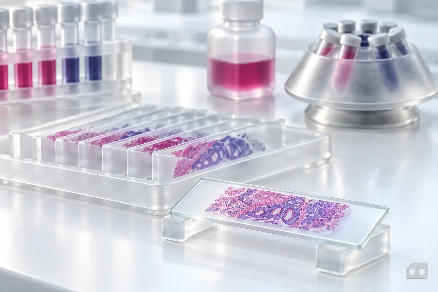 Frosted-glass render of one stained slide raised on a stand ahead of a row of slides