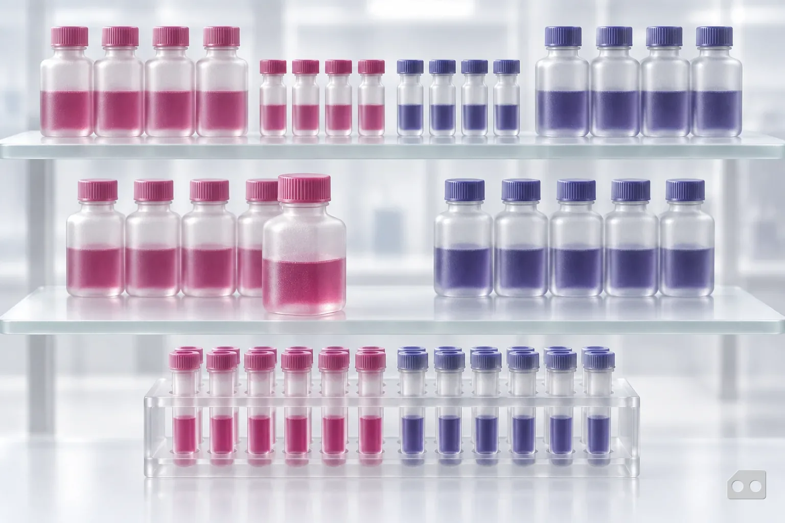 Frosted-glass render of shelves of reagent bottles and control vials with one bottle pulled forward
