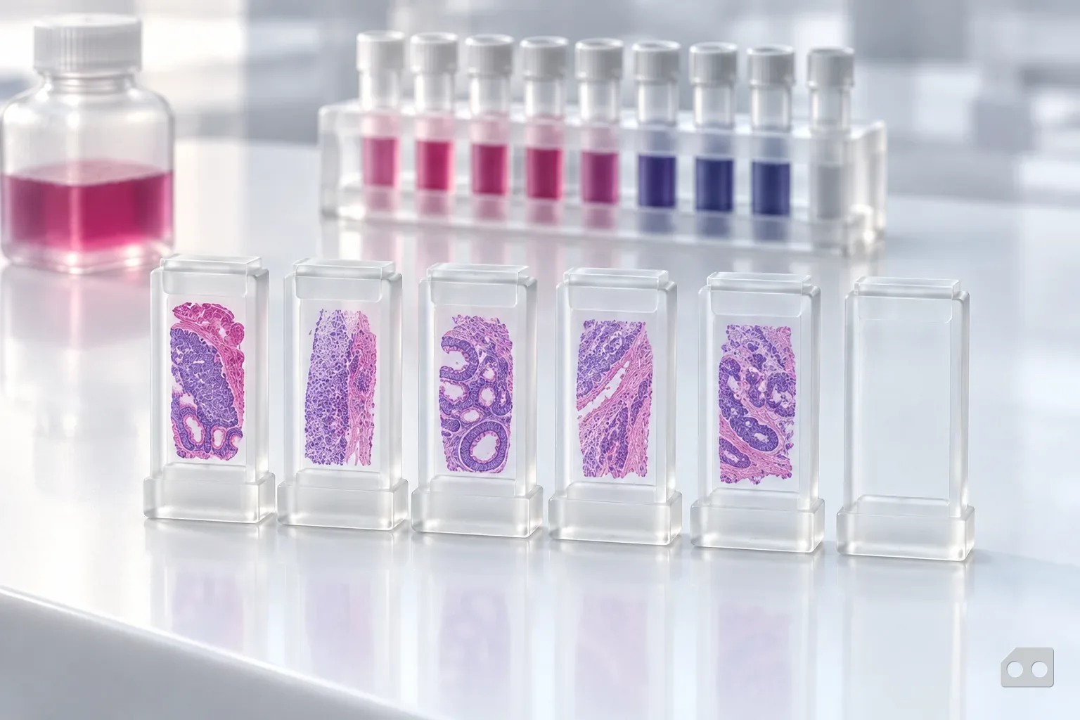 Frosted-glass render of six slide holders in a row, one of them empty, with a tube rack behind