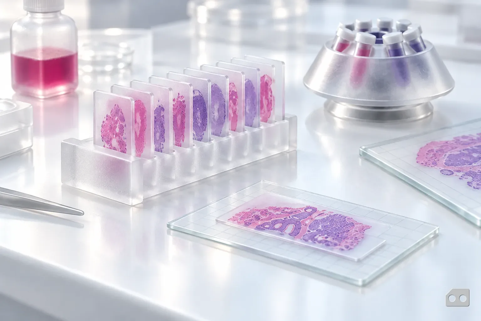 Frosted-glass render of stained slides in a rack, one laid on a gridded glass tile that repeats its tissue larger