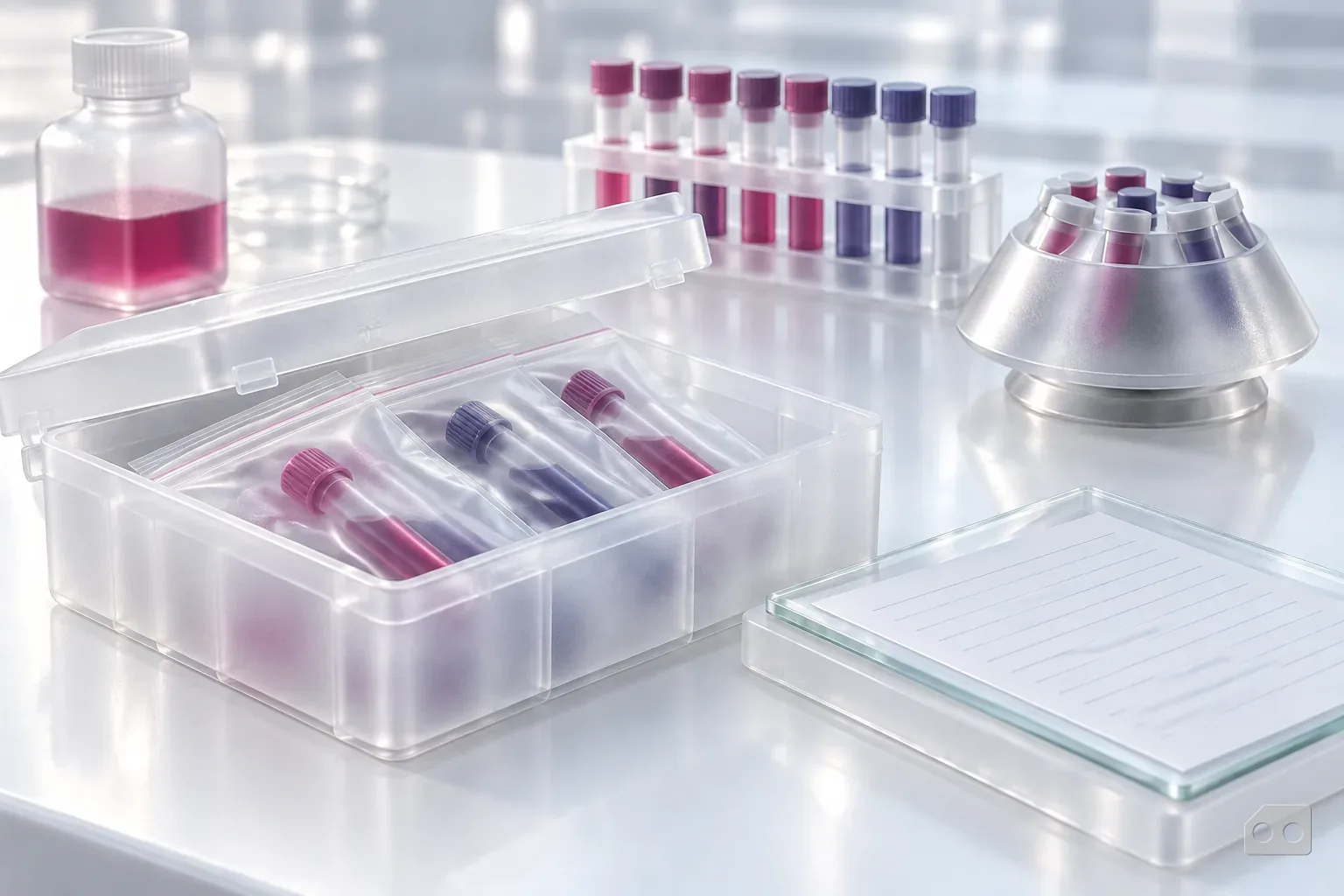 Frosted-glass render of a specimen transport box with sealed tube bags and a blank requisition