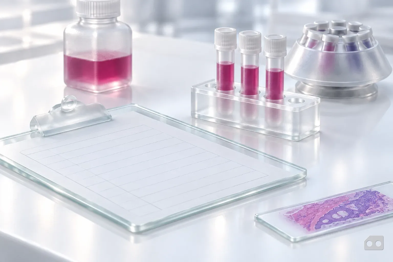 Frosted-glass render of a blank requisition clipboard with a small rack of capped tubes