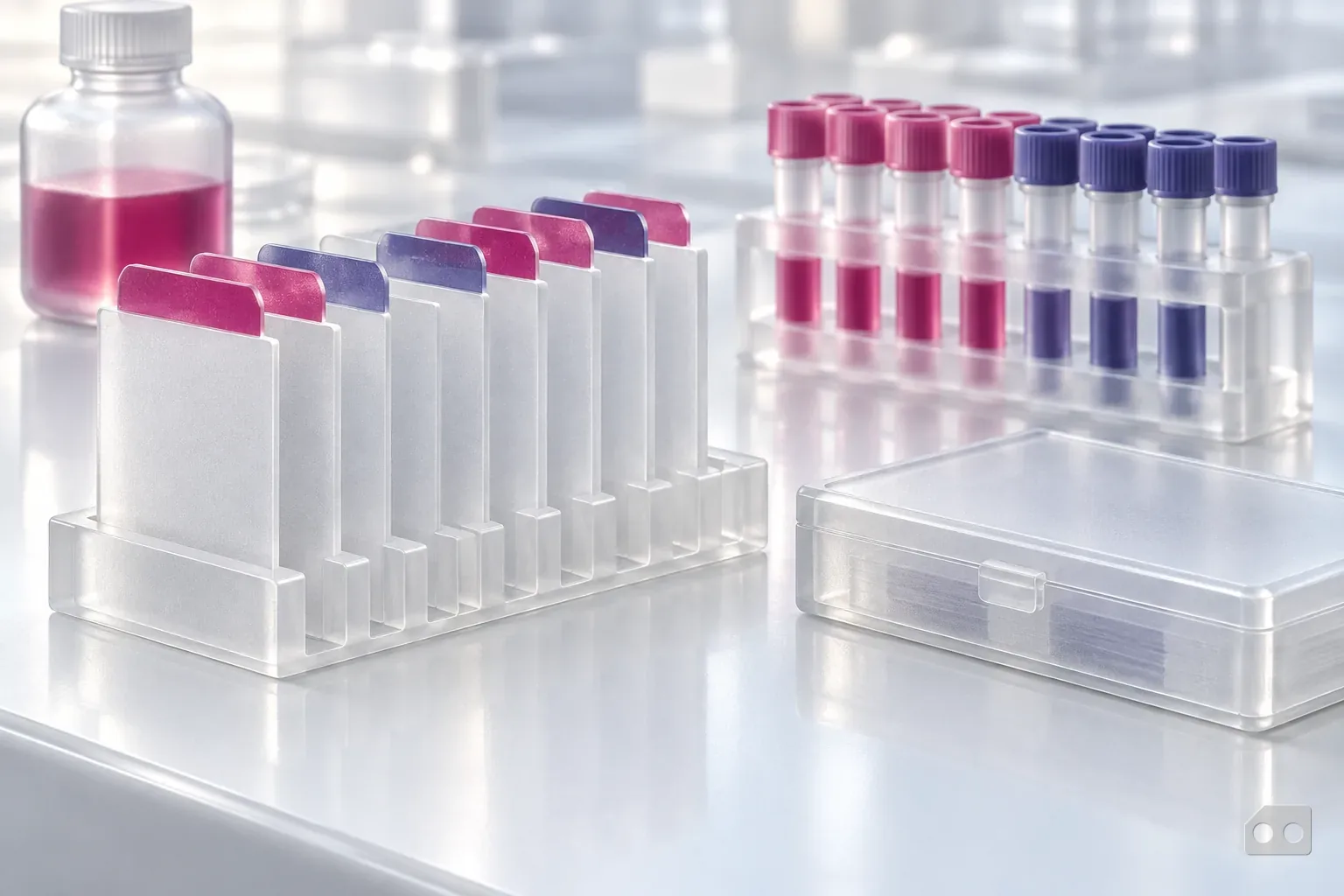 Frosted-glass render of blank tabbed divider cards in a rack beside a slide box and tube rack