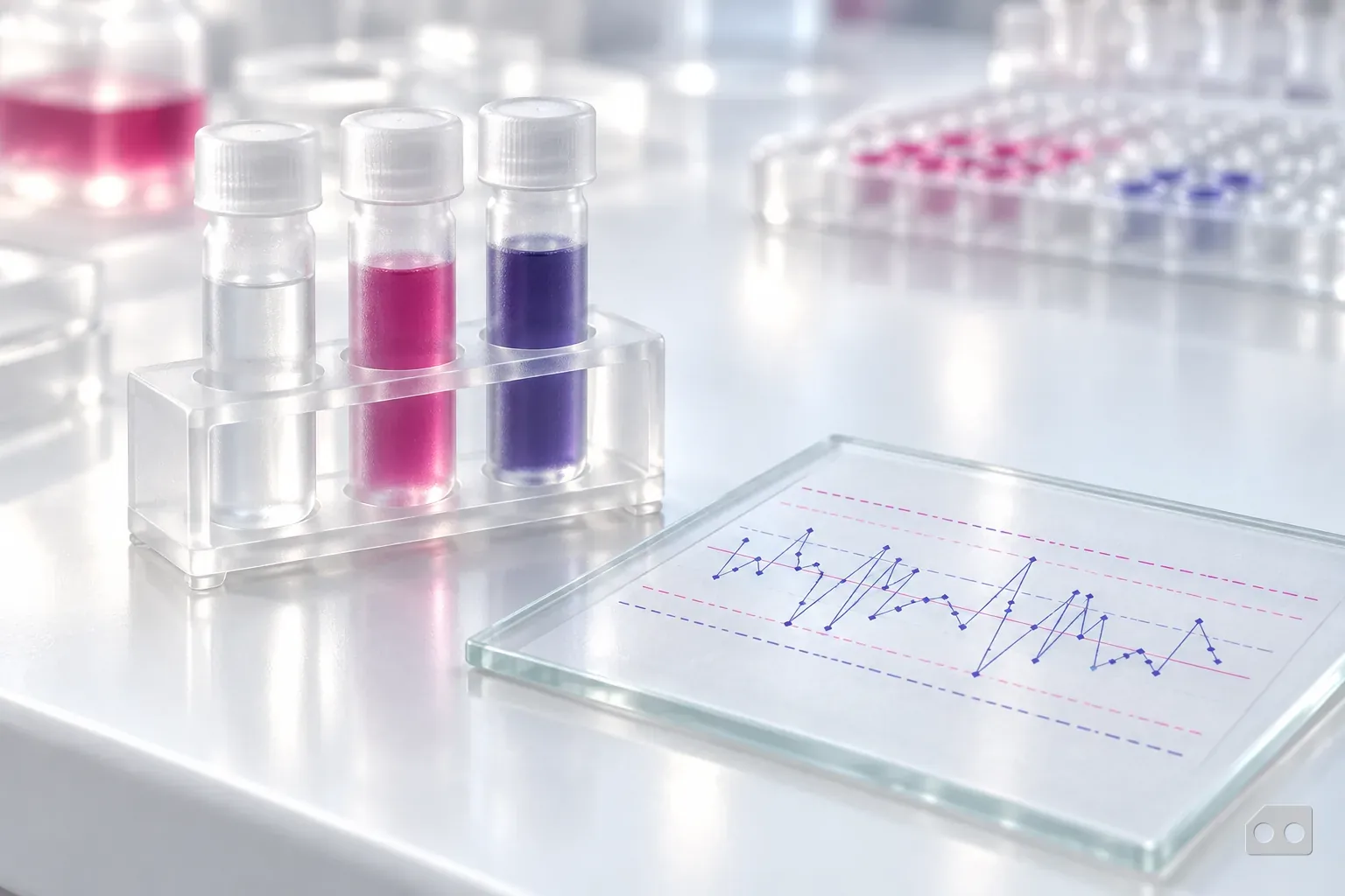 Frosted-glass render of three control vials beside a control chart under a glass sheet