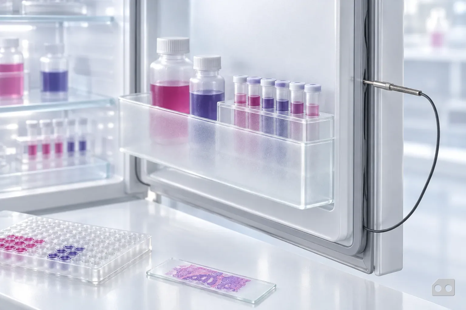 Frosted-glass render of a reagent fridge door shelf with a thin temperature probe through the seal