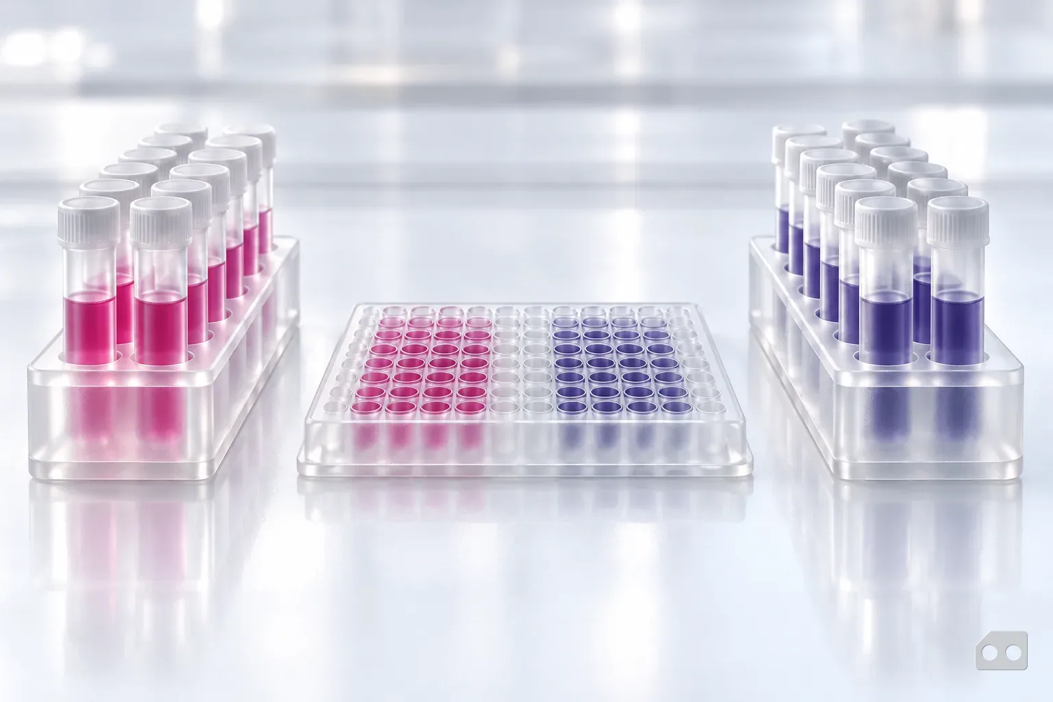 Frosted-glass render of two matched tube racks facing each other with a well plate between them