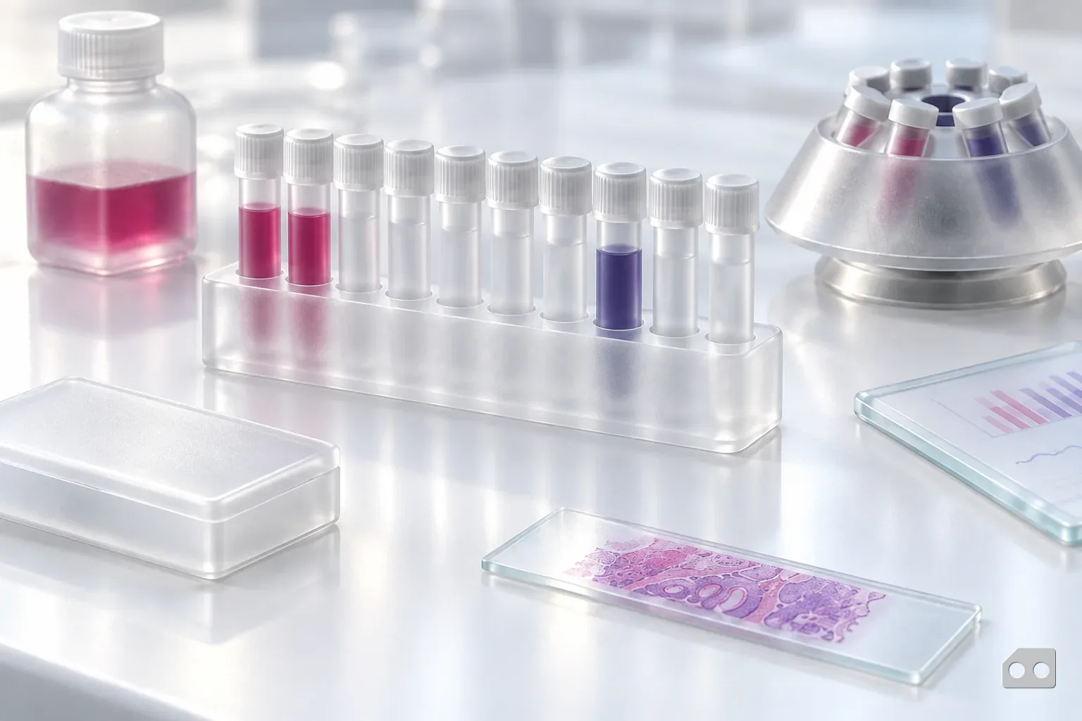 Frosted-glass render of a specimen rack of capped tubes beside a closed slide box