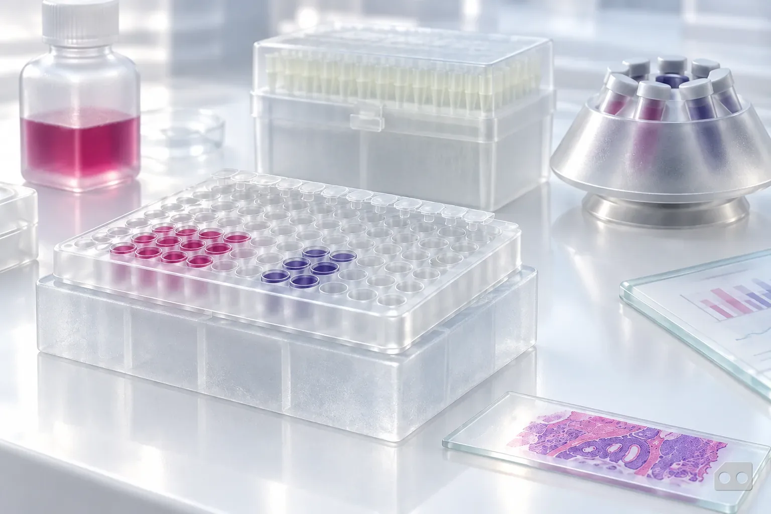 Frosted-glass render of a capped well plate on a cold block in front of a closed pipette-tip box