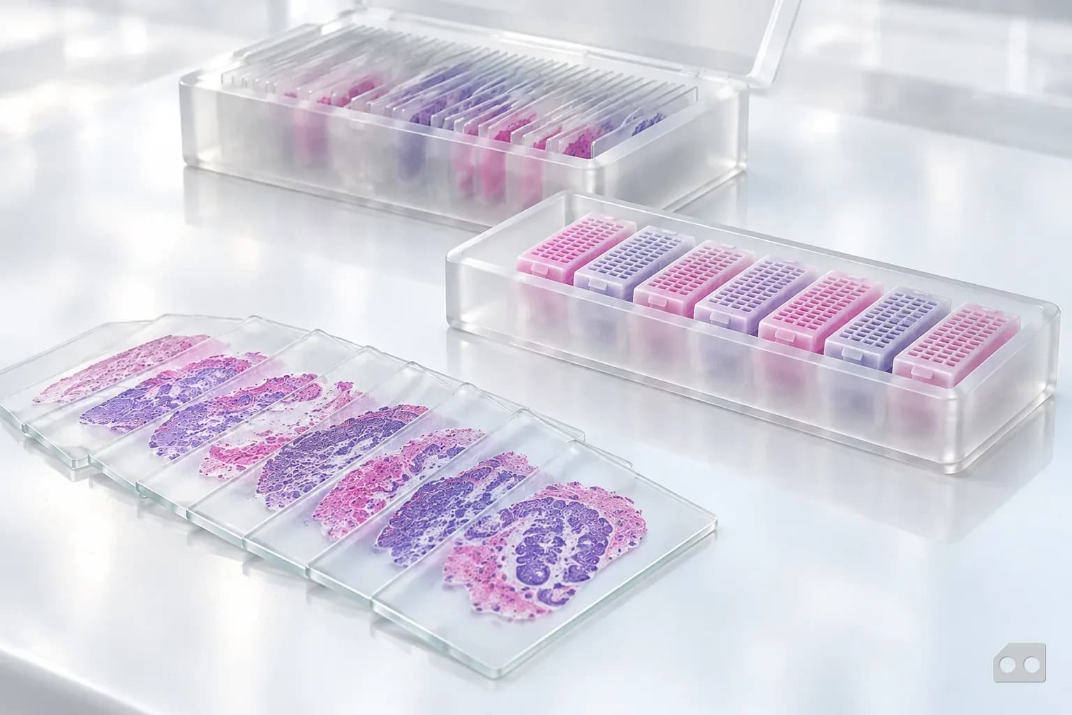 Frosted-glass render of stained slides fanned out beside a tray of tissue cassettes