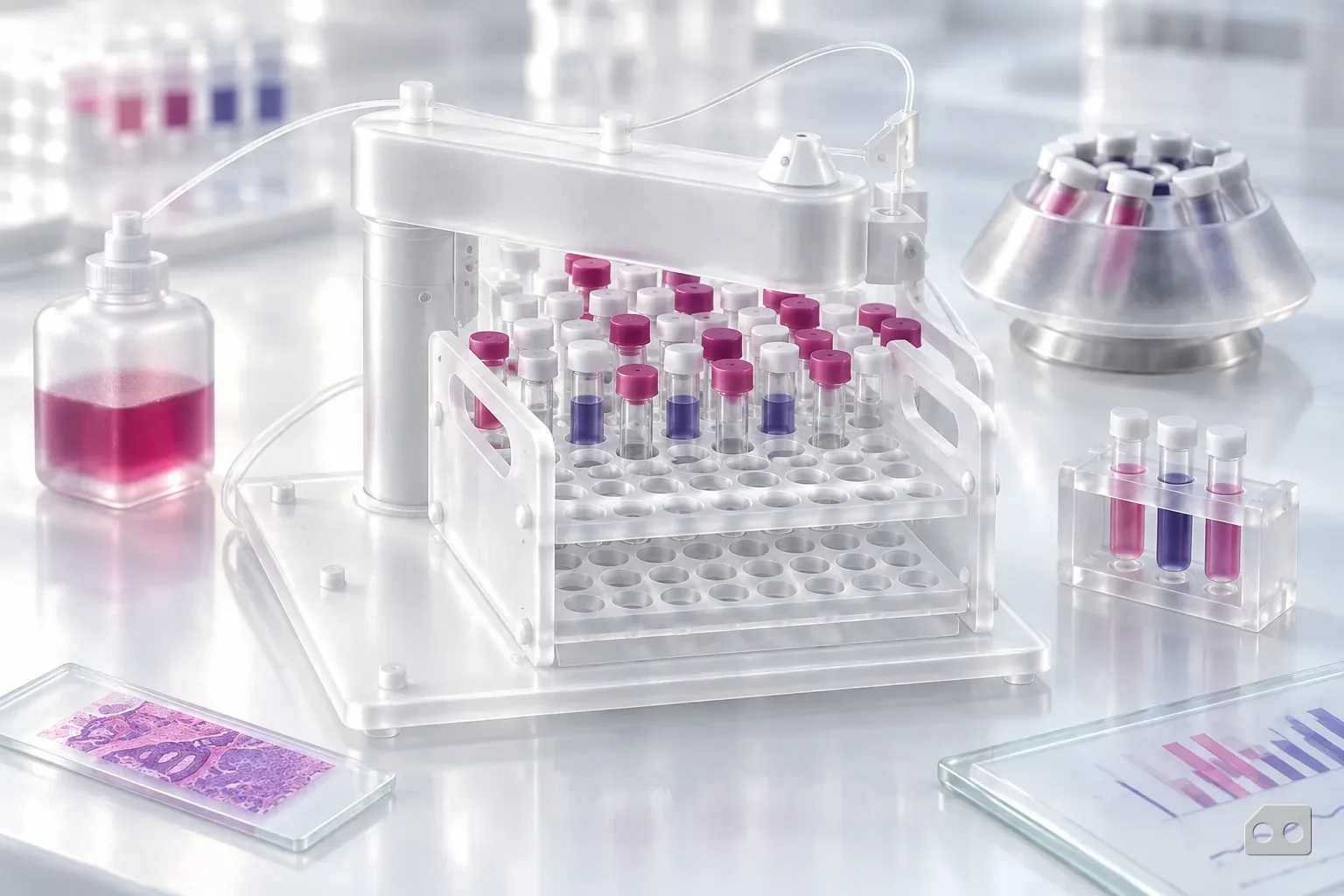 Frosted-glass render of a sample tray of capped vials with a small separate rack of three tubes