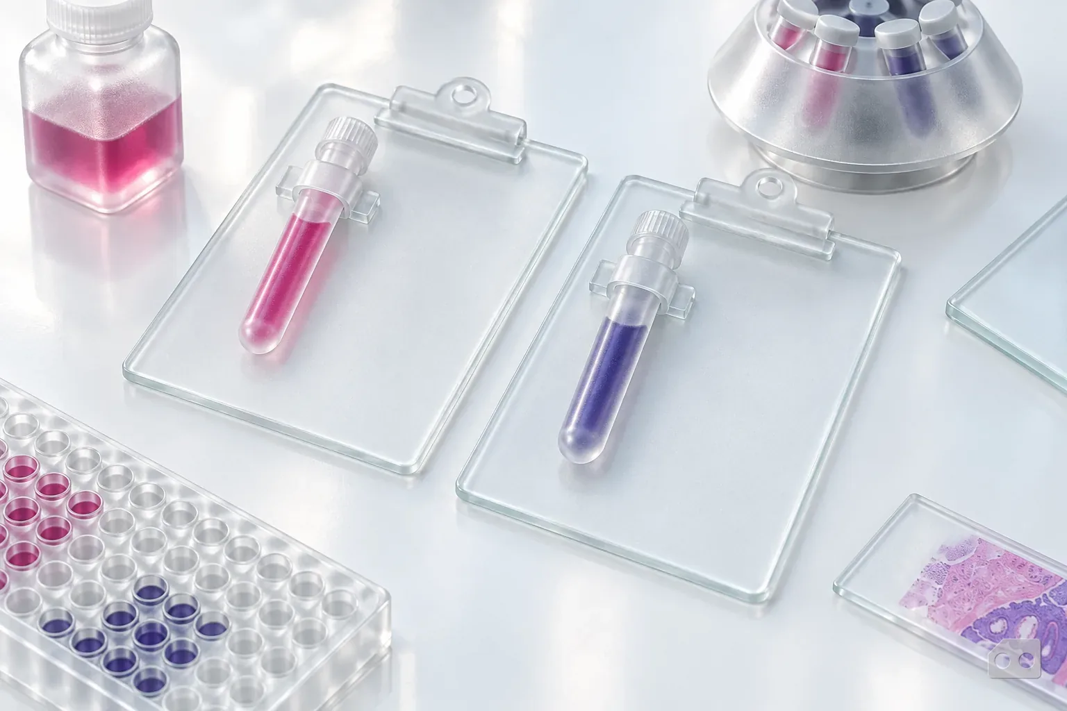 Frosted-glass render of two blank requisition clipboards, each with one capped tube clipped on