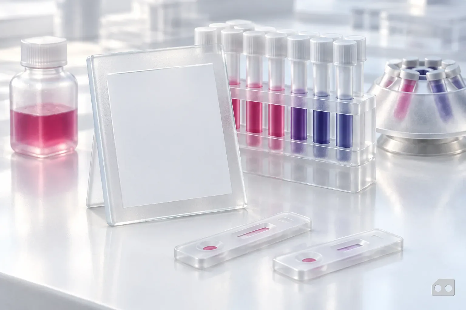 Frosted-glass render of a blank framed card leaning on a tube rack with two cassettes in front