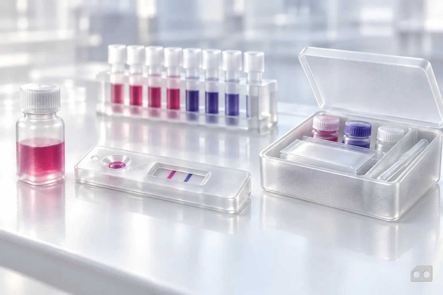 Frosted-glass render of a control vial, a cassette and an open kit box in a line