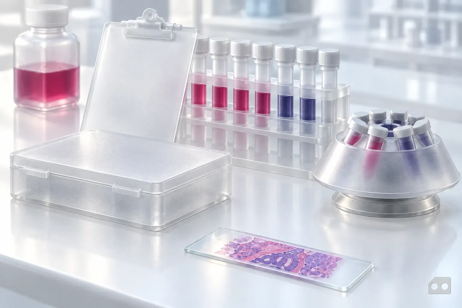Frosted-glass render of a tidy bench with a blank clipboard propped on a tube rack