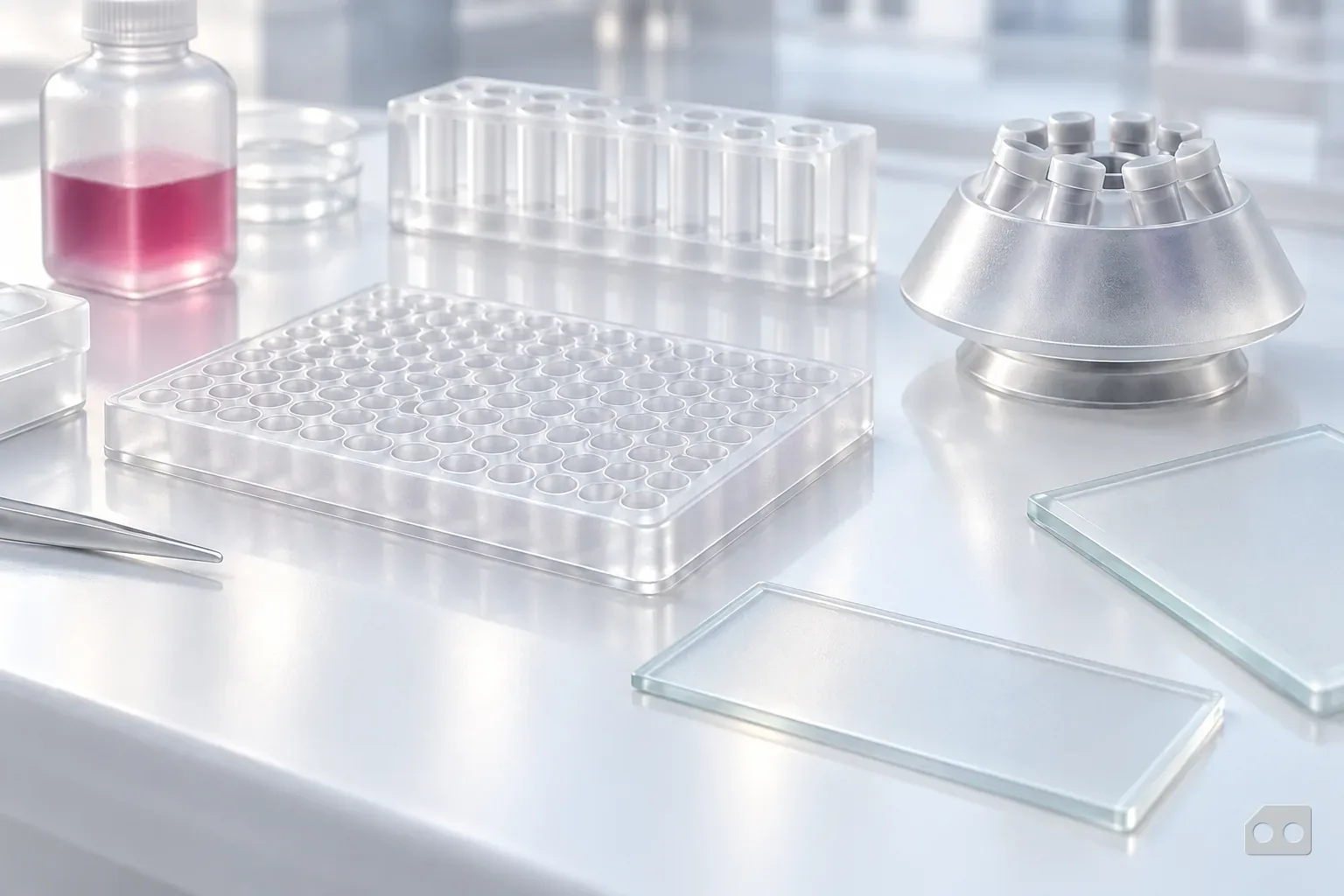Frosted-glass render of an empty frame beside an emptied tube rack