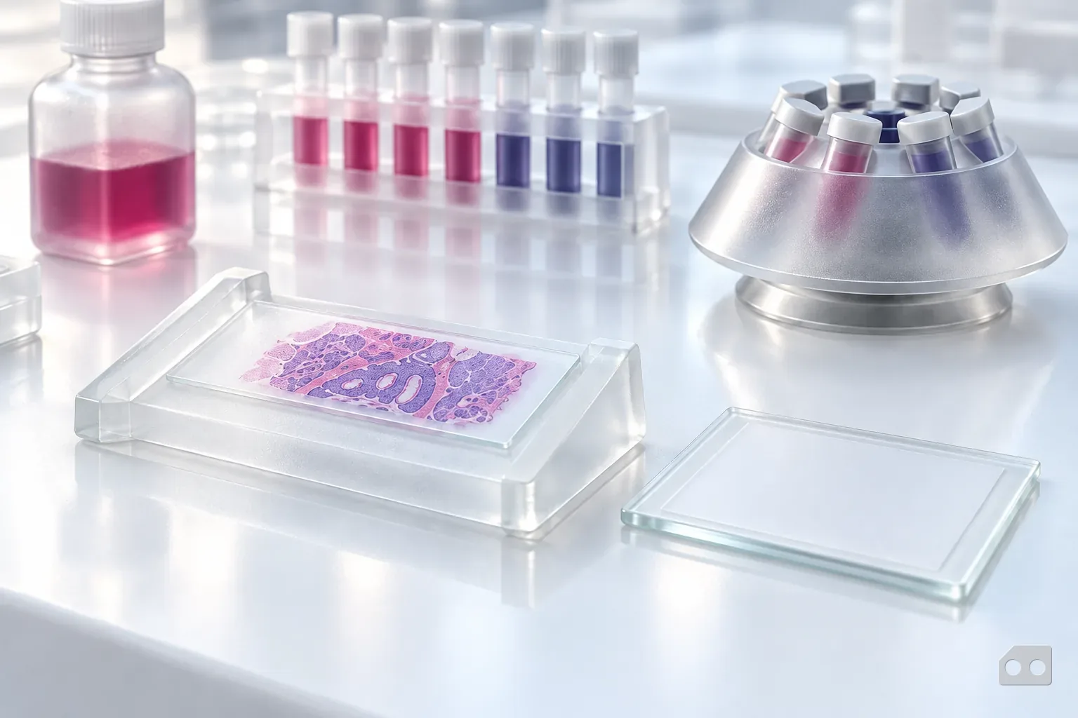 Frosted-glass render of a stained slide on a stand beside a blank card and a tube rack
