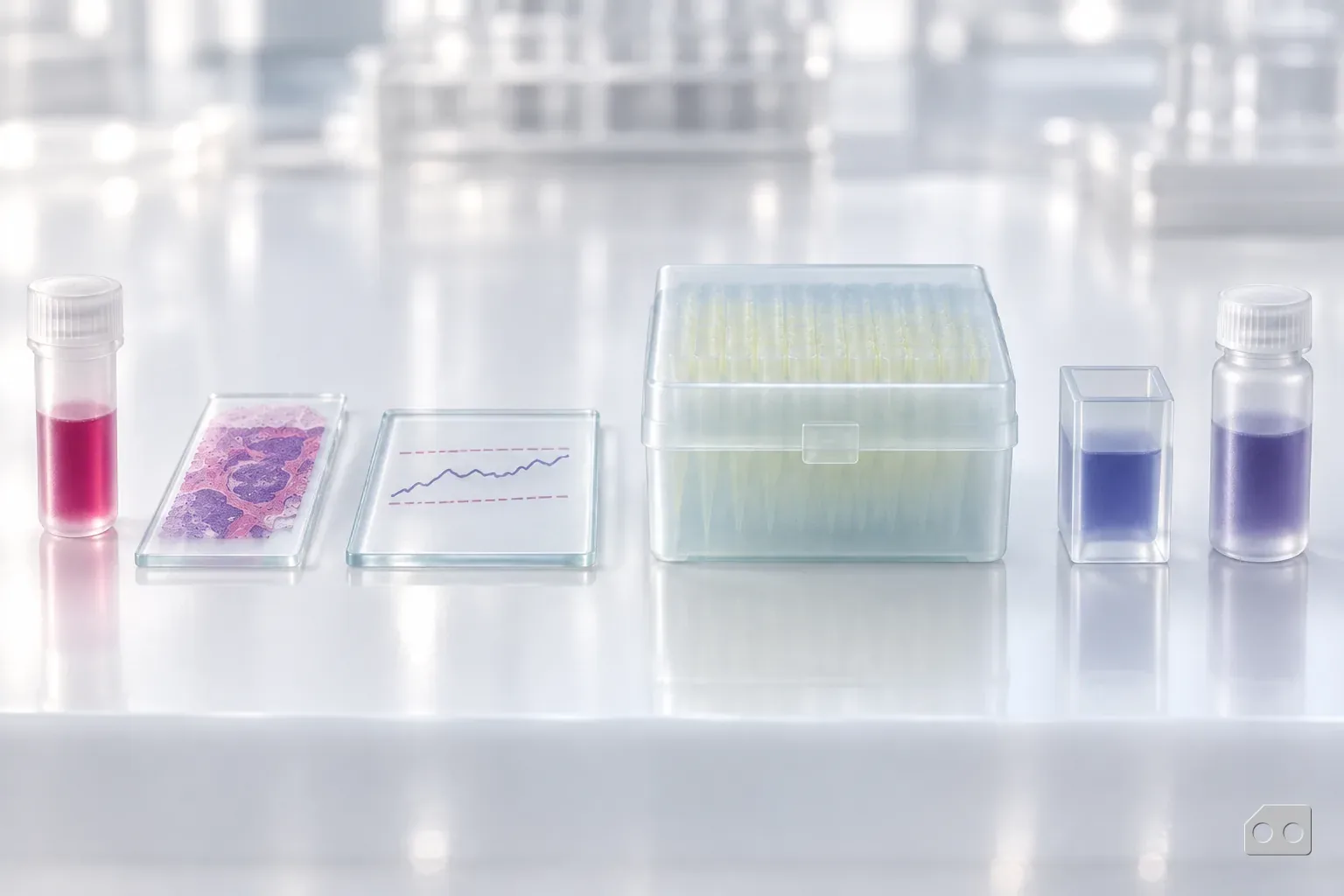 Frosted-glass render of six lab objects in a row, from a tube to a sealed vial