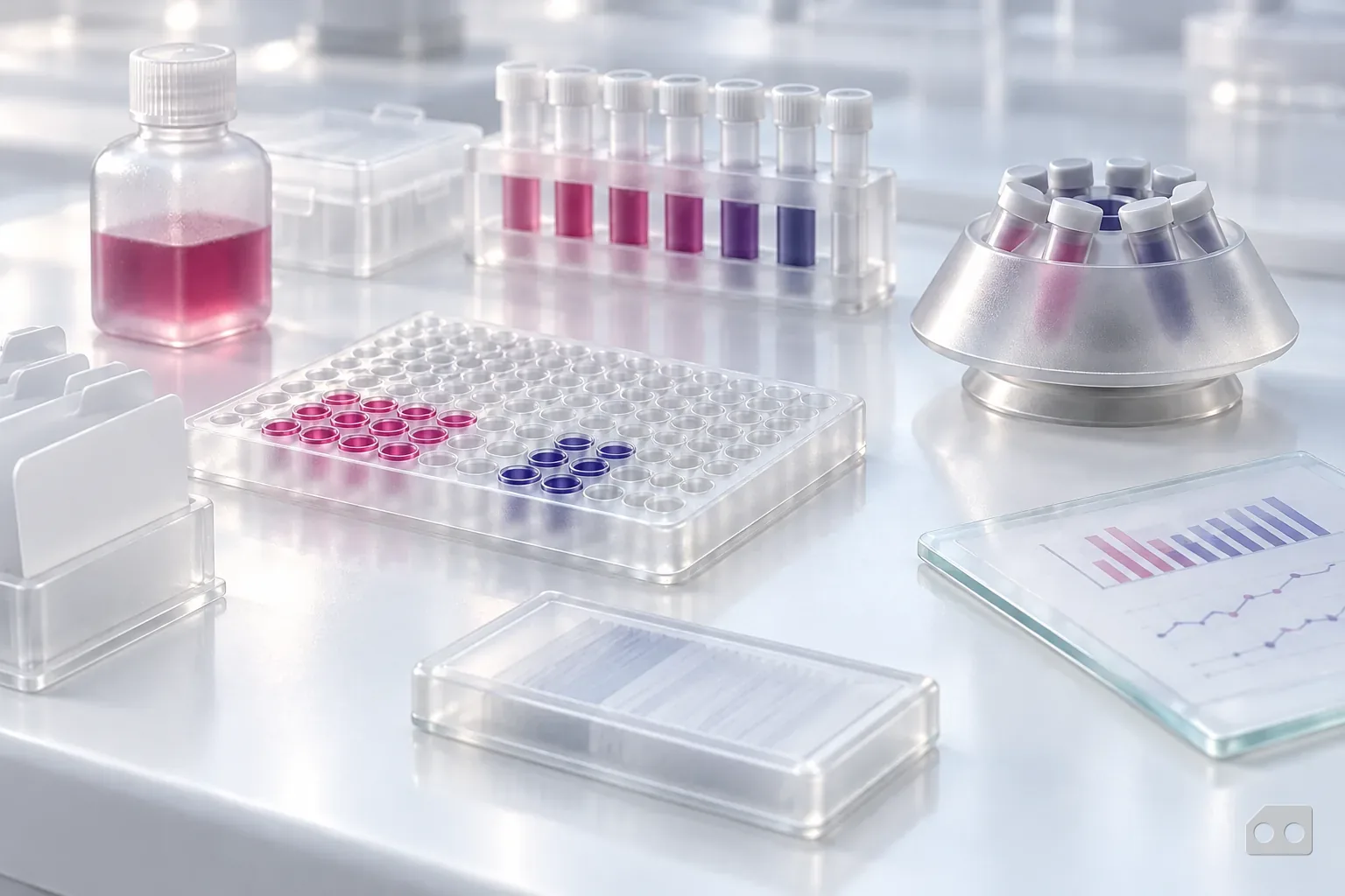 Frosted-glass render of a readied bench with divider cards, a control chart, a tube rack and a slide box