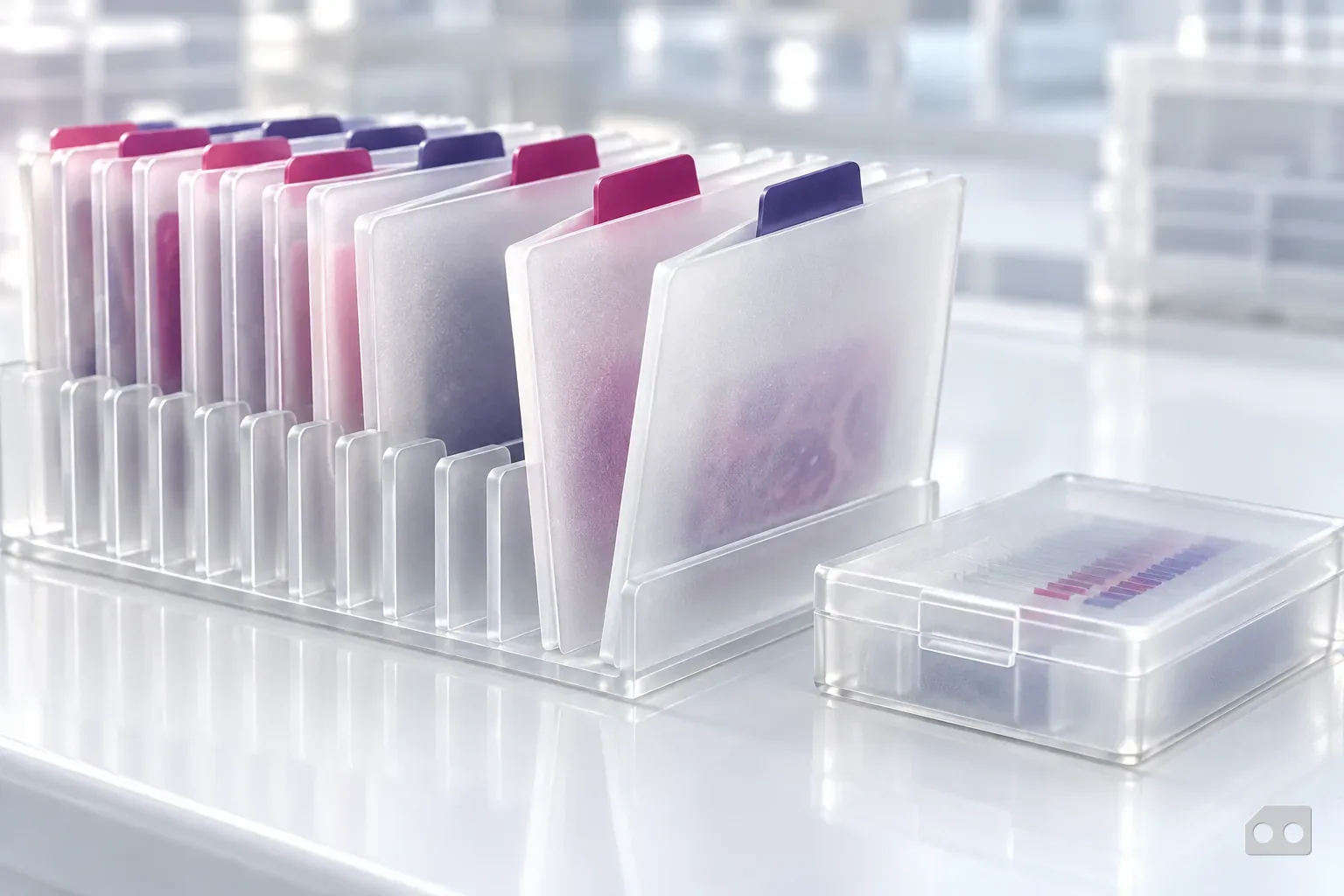 Frosted-glass render of file folders in a rack with two lifted slightly out
