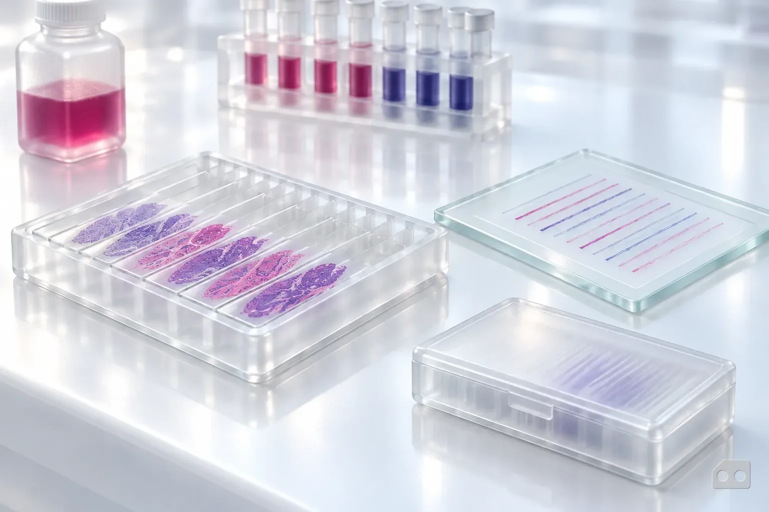 Frosted-glass render of a tray of stained slides, a control chart under glass and a slide box