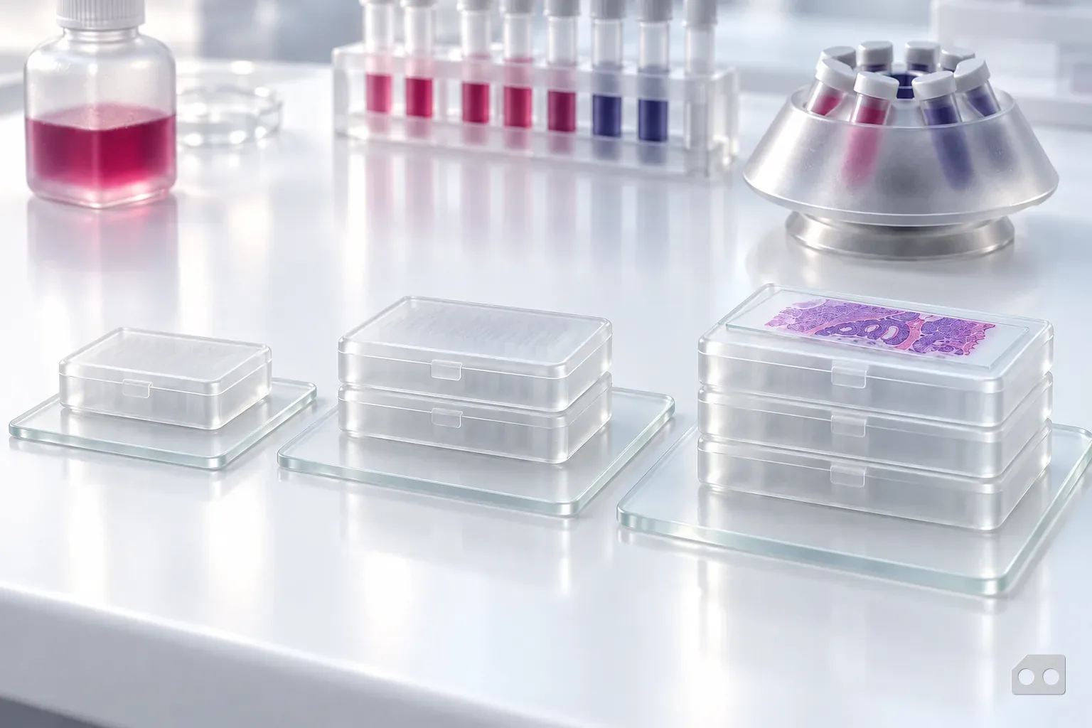 Frosted-glass render of three bench mats holding one, two and three stacked slide boxes