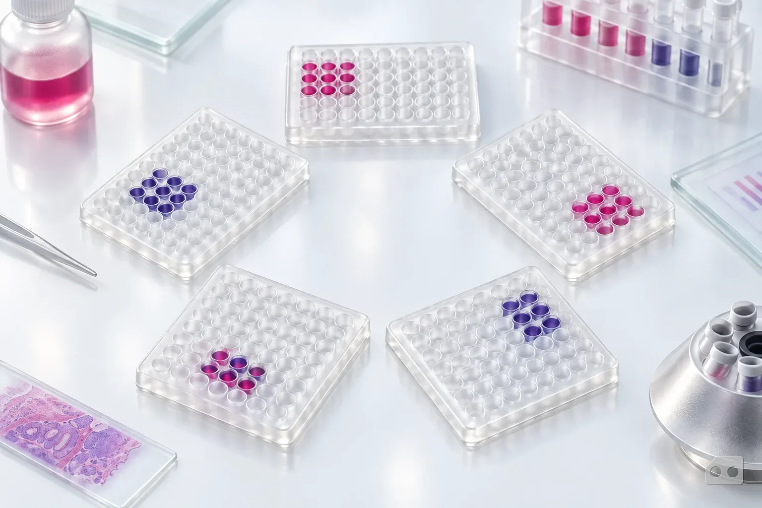 Frosted-glass render of five small well plates arranged in a ring