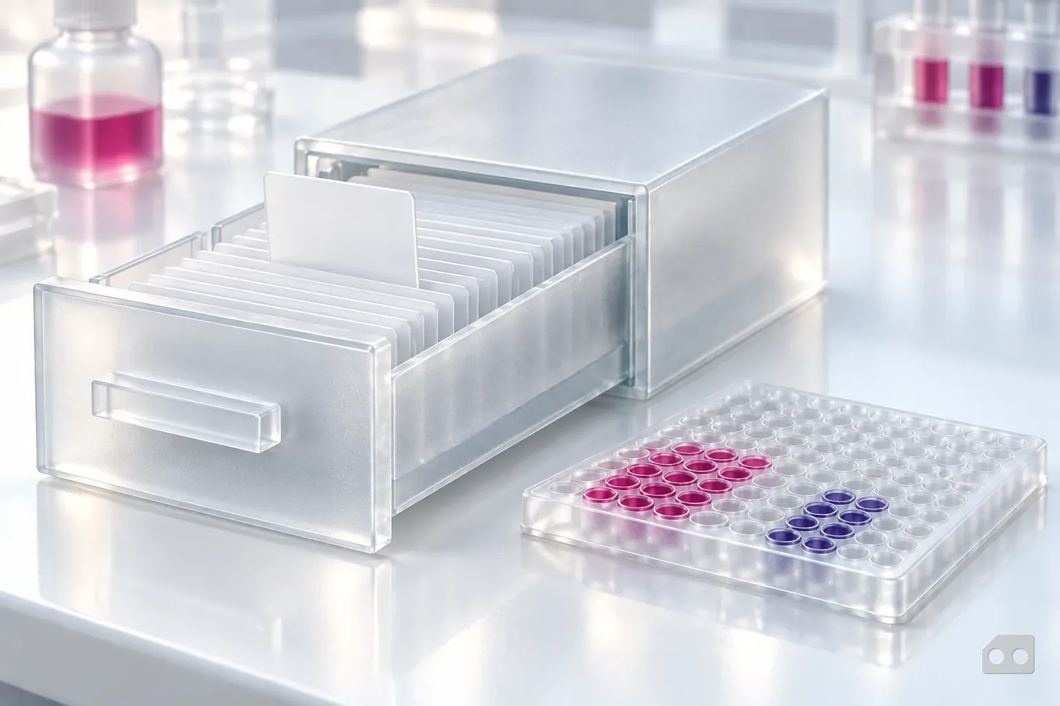 Frosted-glass render of an open card index drawer with one blank card raised