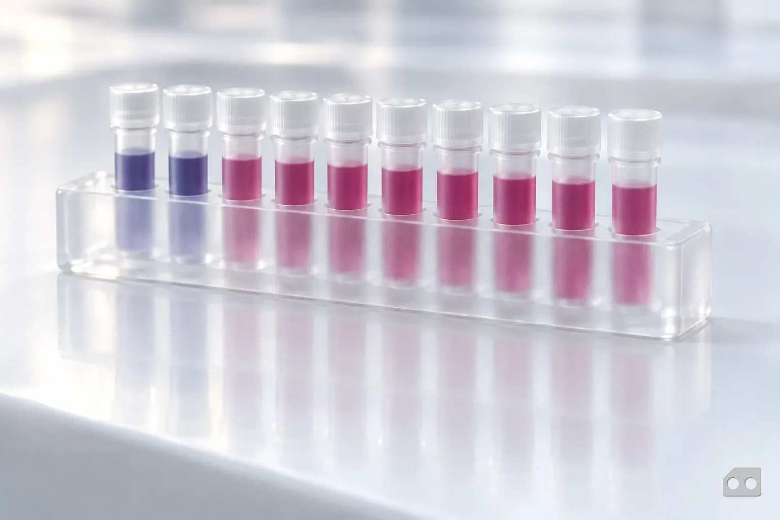 Frosted-glass render of a rack of ten small tubes in two tints