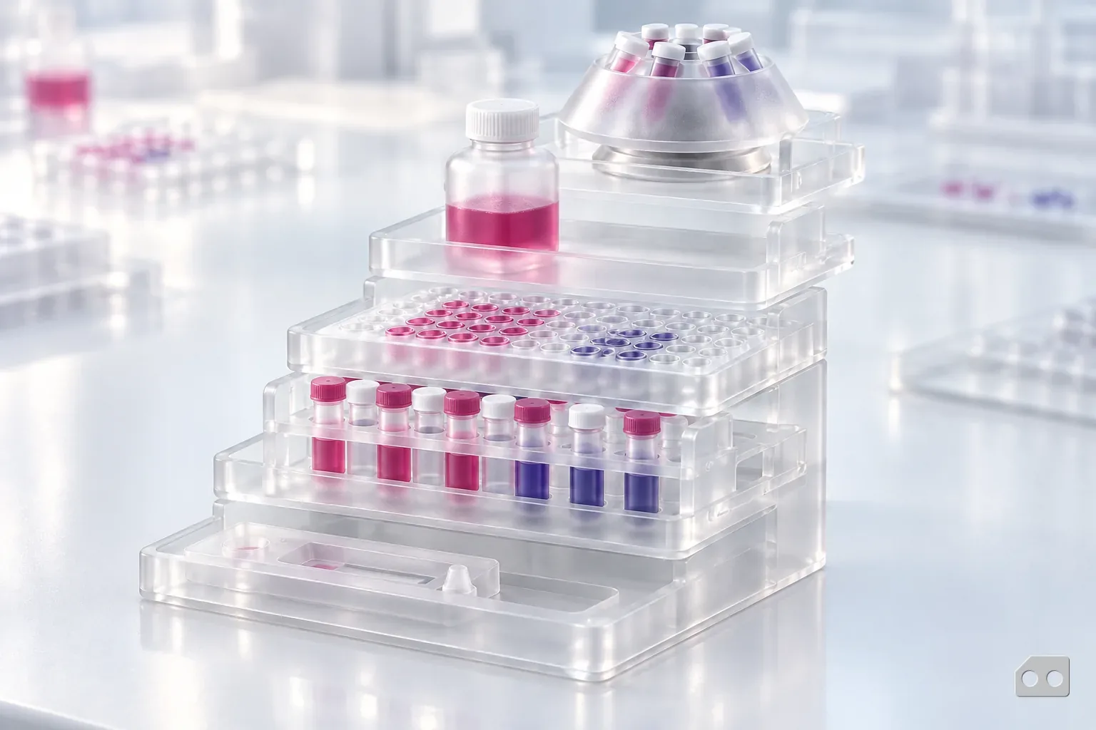 Frosted-glass render of five stepped trays holding objects from a cassette up to a sample tray