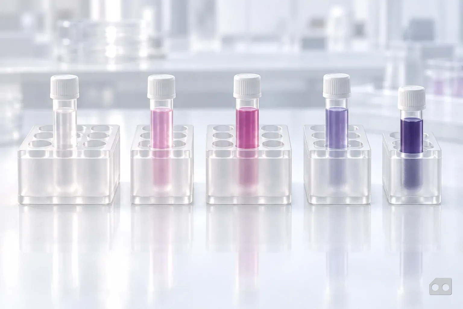 Frosted-glass render of five racks in a row, each holding one tube of a different tint