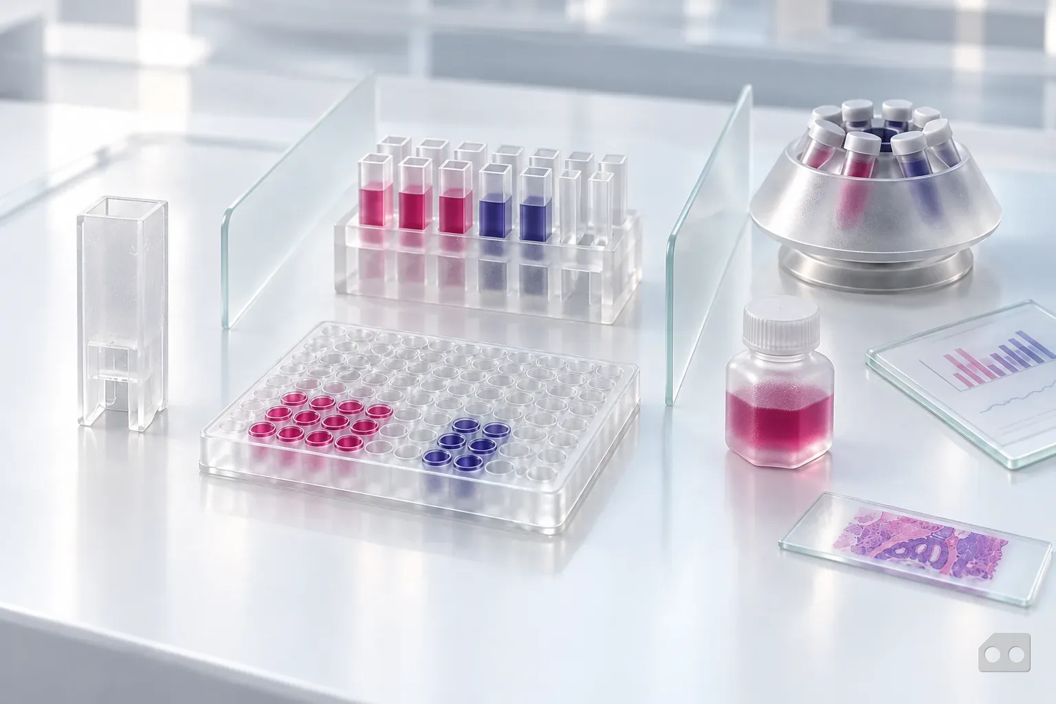 Frosted-glass render of a bench split by glass dividers, with a lone cuvette, a block of cuvettes and a well plate