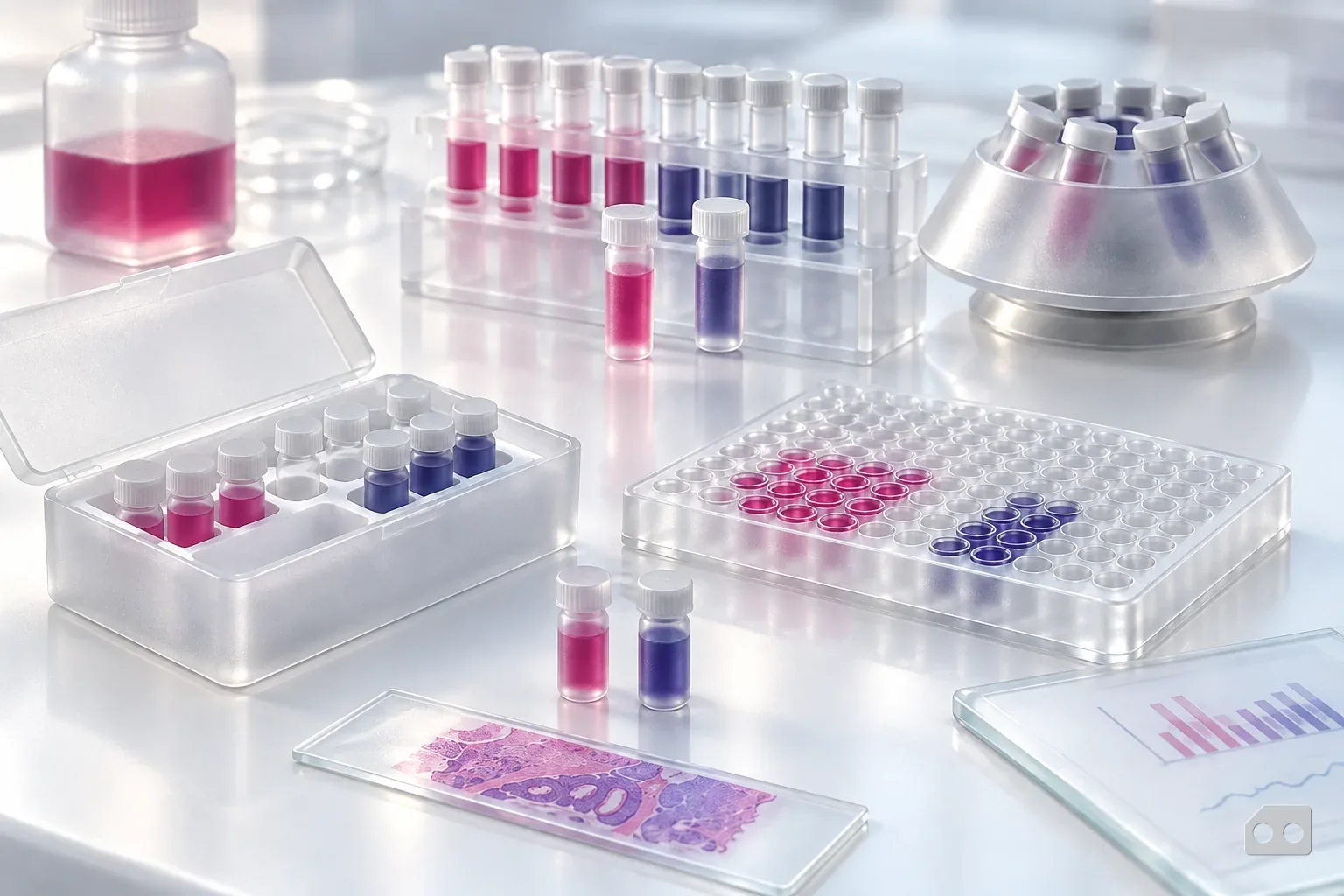 Frosted-glass render of an open sample kit box of vials with kit vials set out beside the routine tube rack