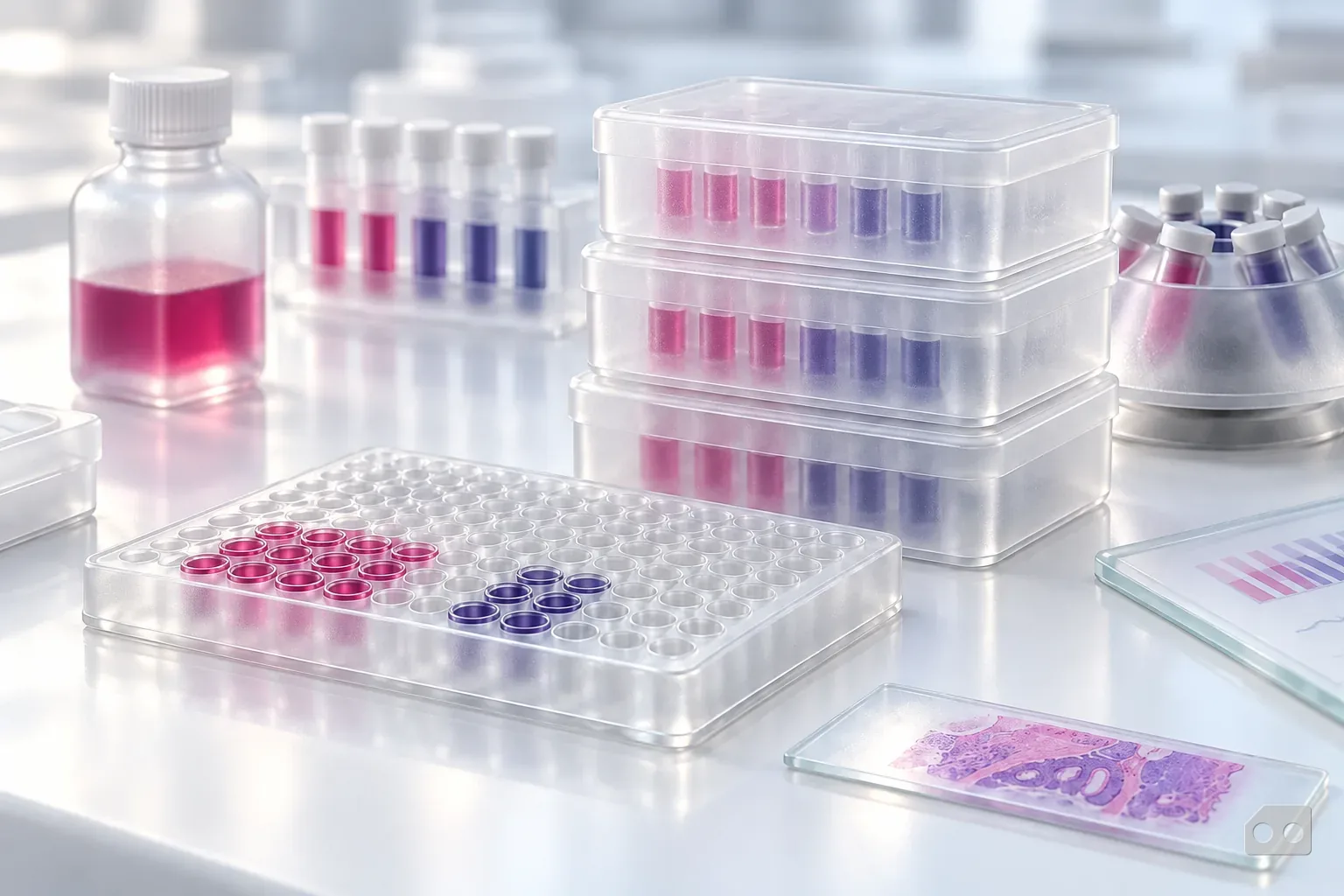 Frosted-glass render of three sealed sample kit boxes stacked in a tower