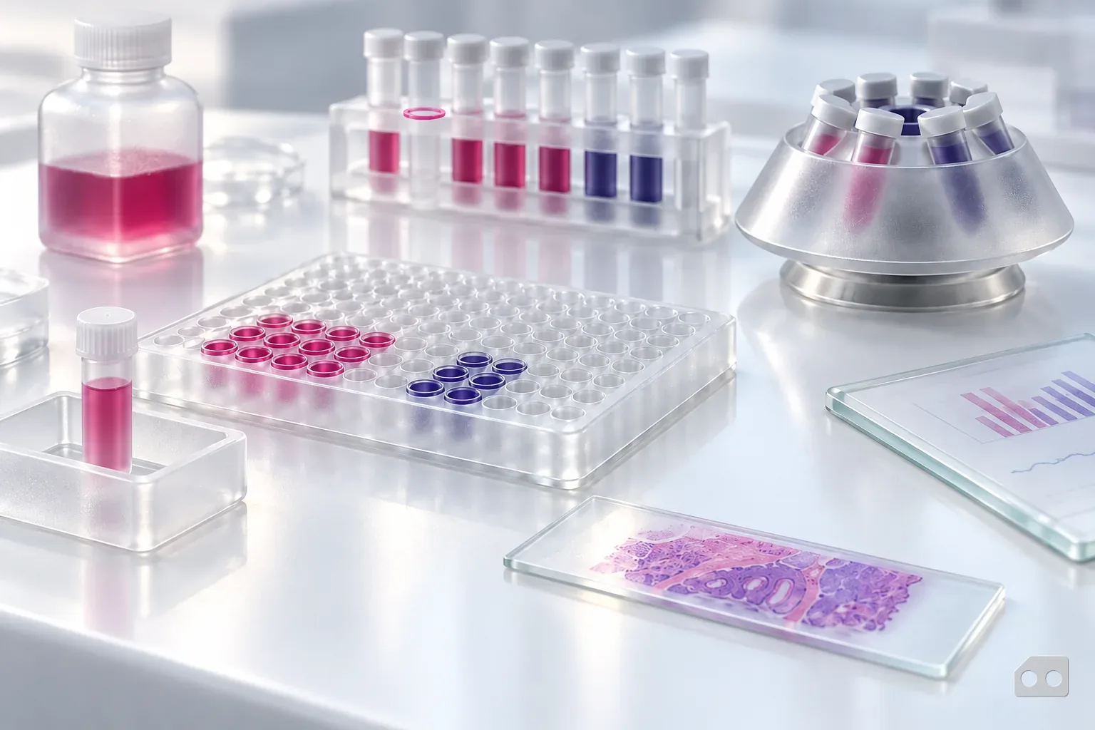Frosted-glass render of one vial set apart in a small tray beside a rack with an empty slot