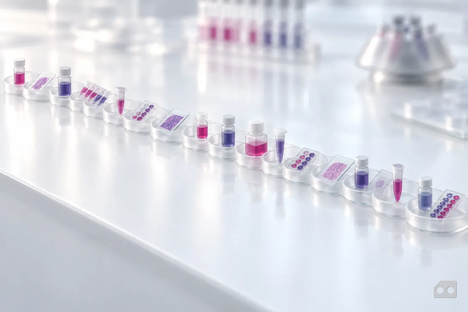 Frosted-glass render of a long row of small dishes, each holding one lab object