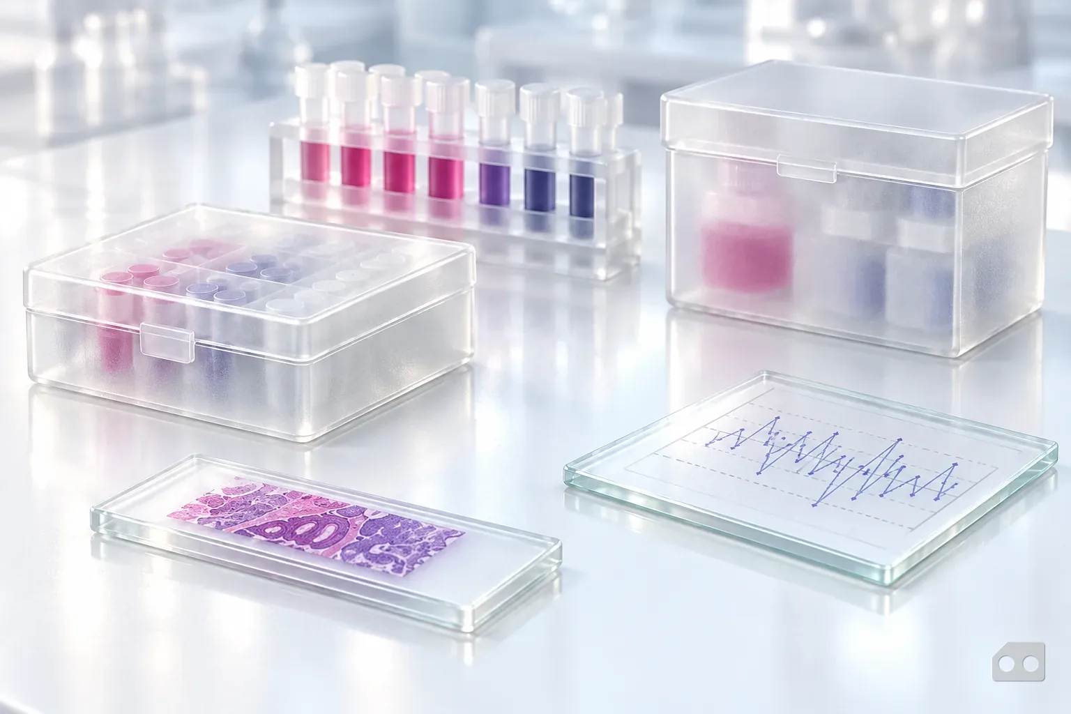 Frosted-glass render of a slide box, a control chart under glass and a sample kit grouped together