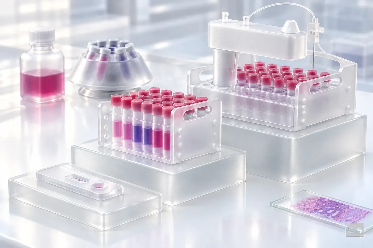 Frosted-glass render of three rising steps holding a cassette, a tube rack and a sample tray
