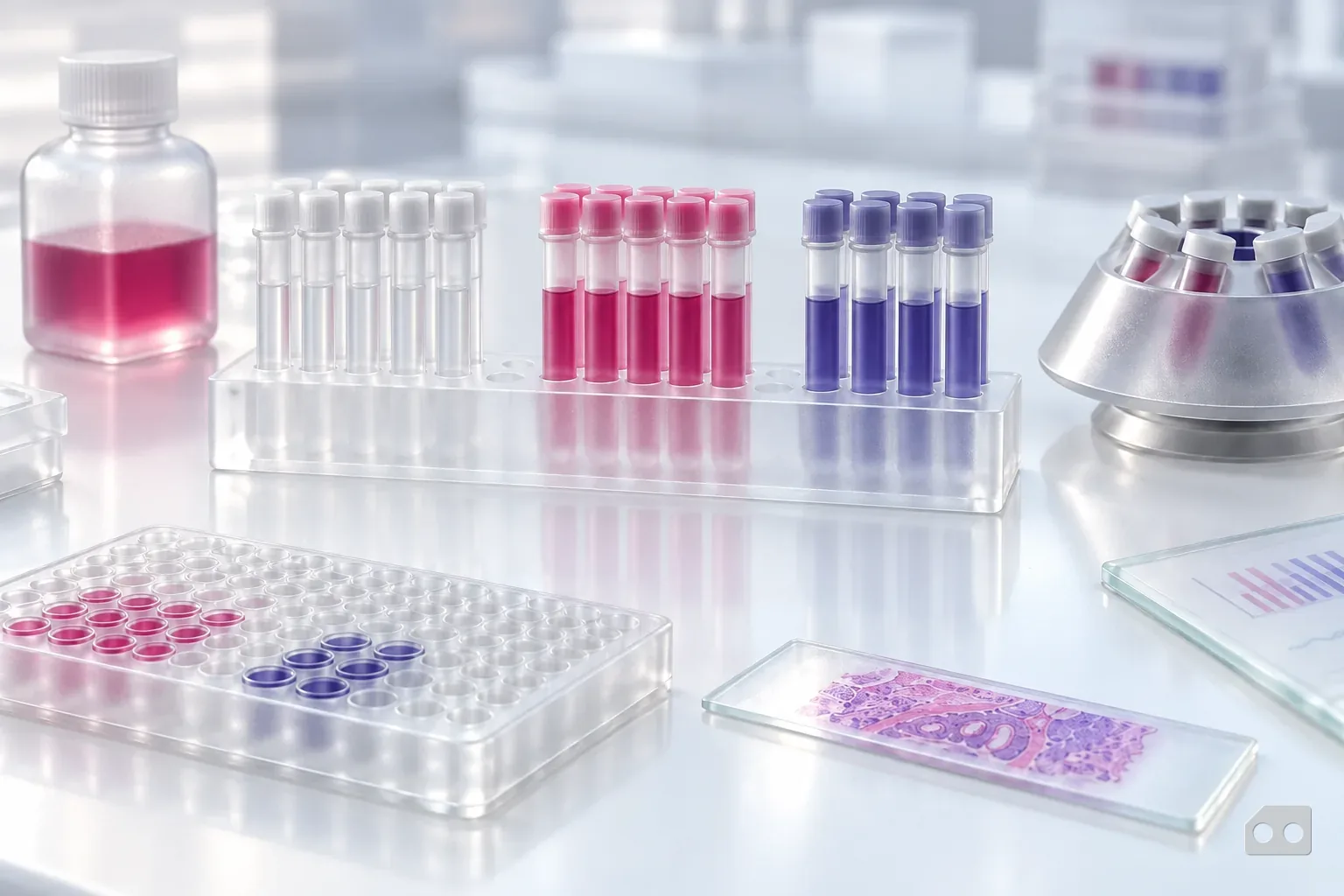 Frosted-glass render of a tube rack sorted into three groups by cap tint