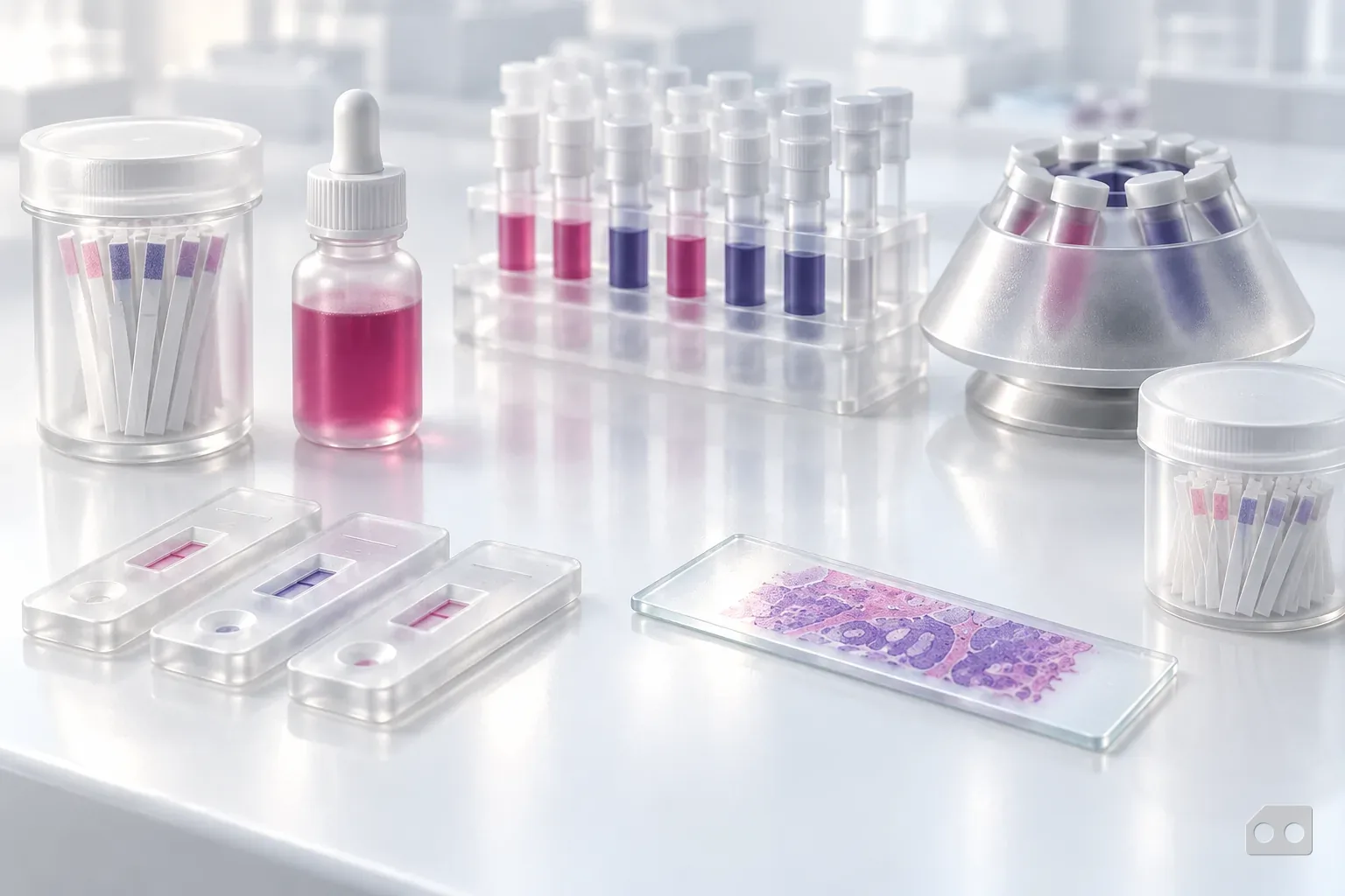 Frosted-glass render of test cassettes, a strip jar and a dropper bottle beside a tube rack