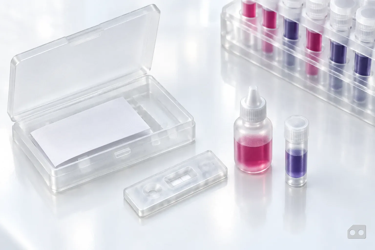 Frosted-glass render of an opened kit laid out in order with a blank insert sheet