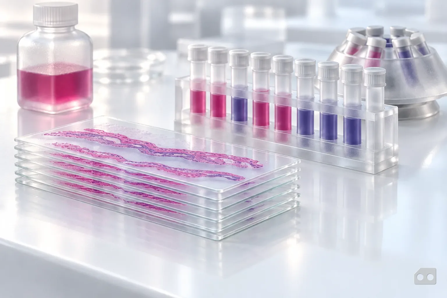 Frosted-glass render of a stack of thin glass sheets beside a tube rack