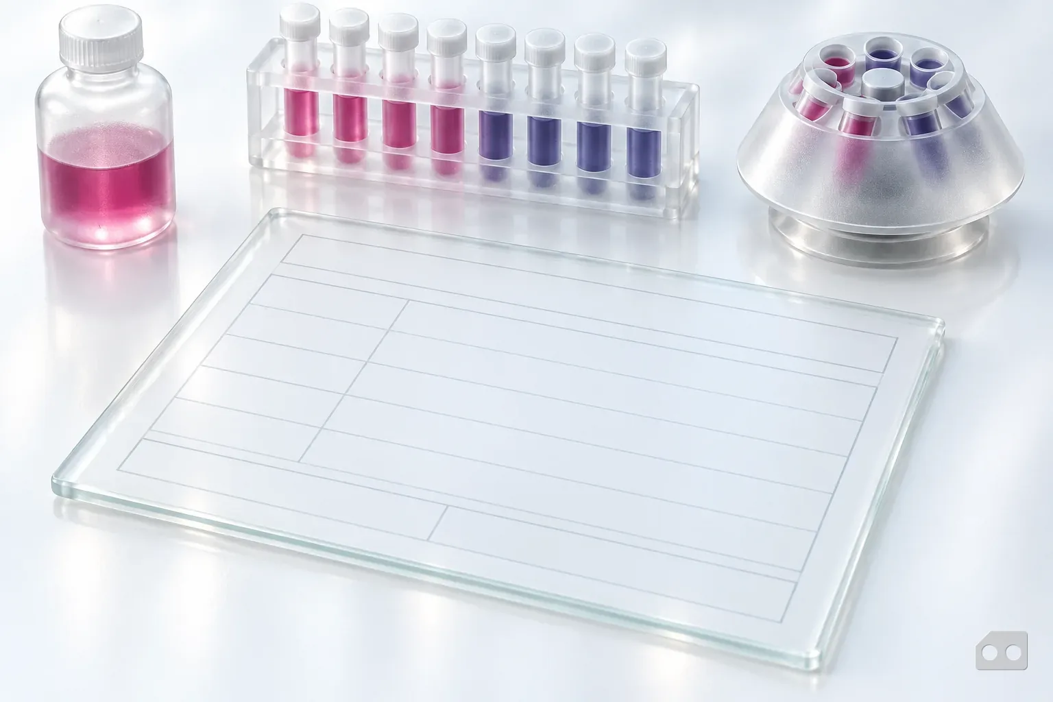 Frosted-glass render of a blank ruled form under glass with a tube rack at its edge