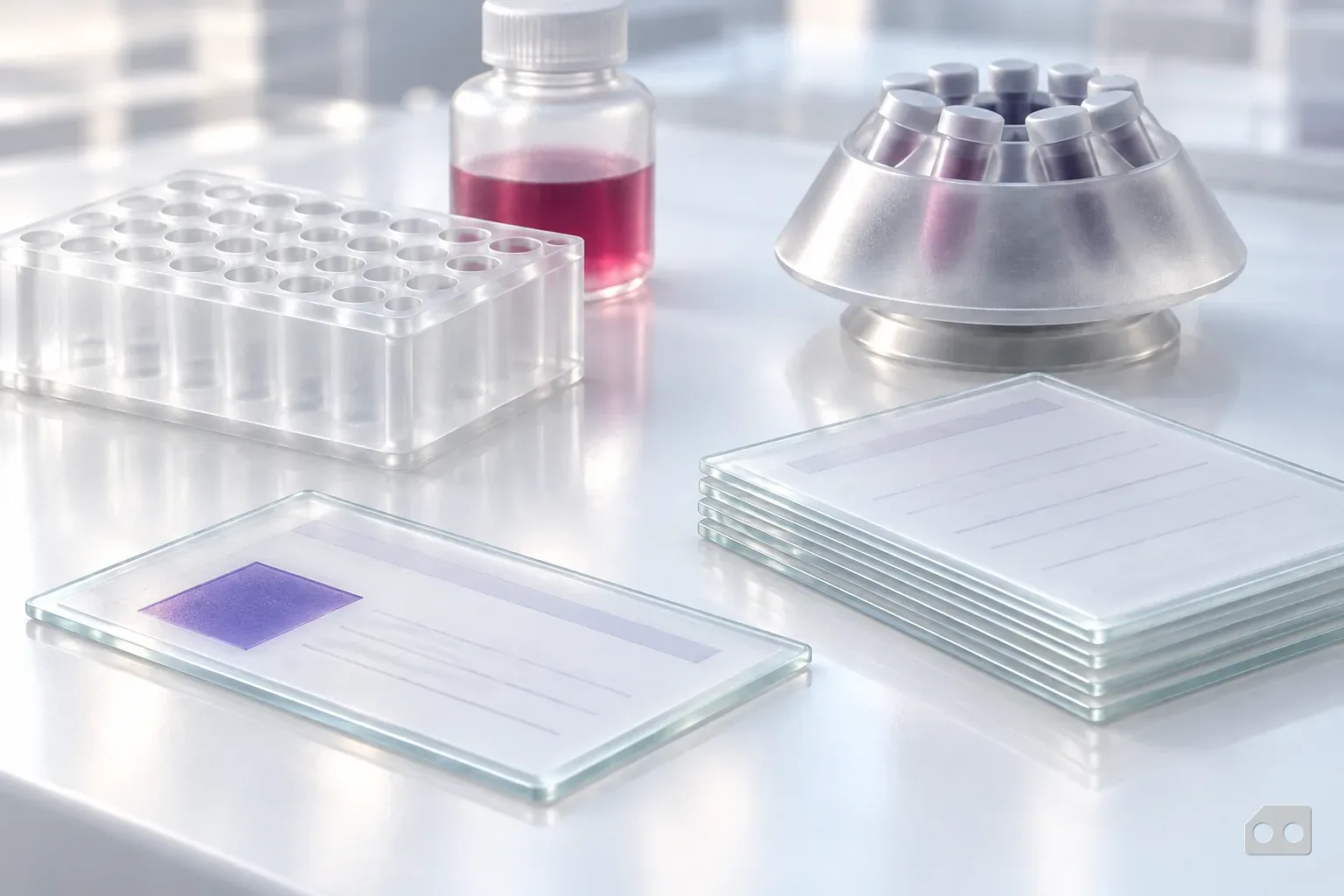 Frosted-glass render of one blank sheet with a tinted block set apart from a neat stack