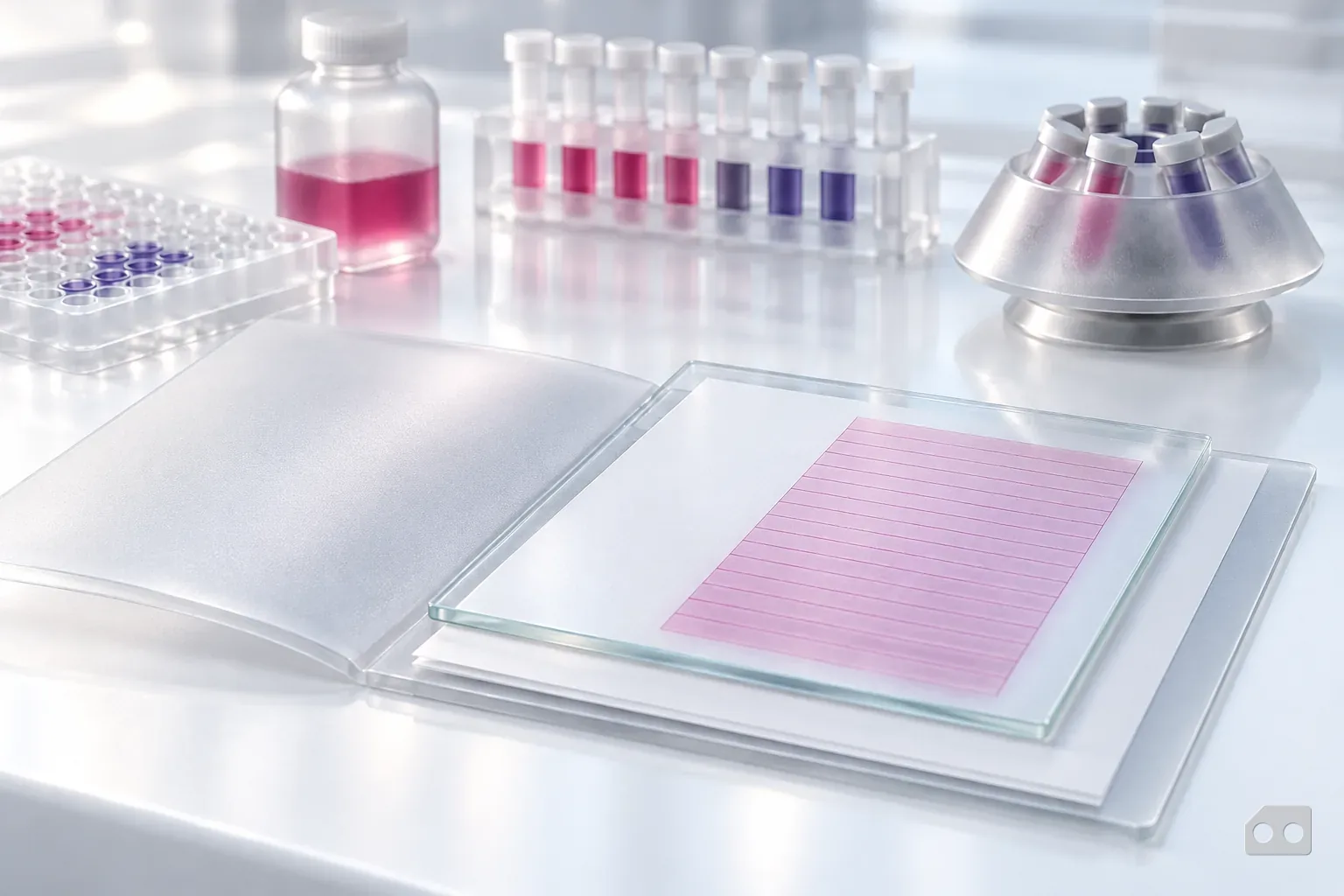 Frosted-glass render of an open folder of blank sheets with one tinted block